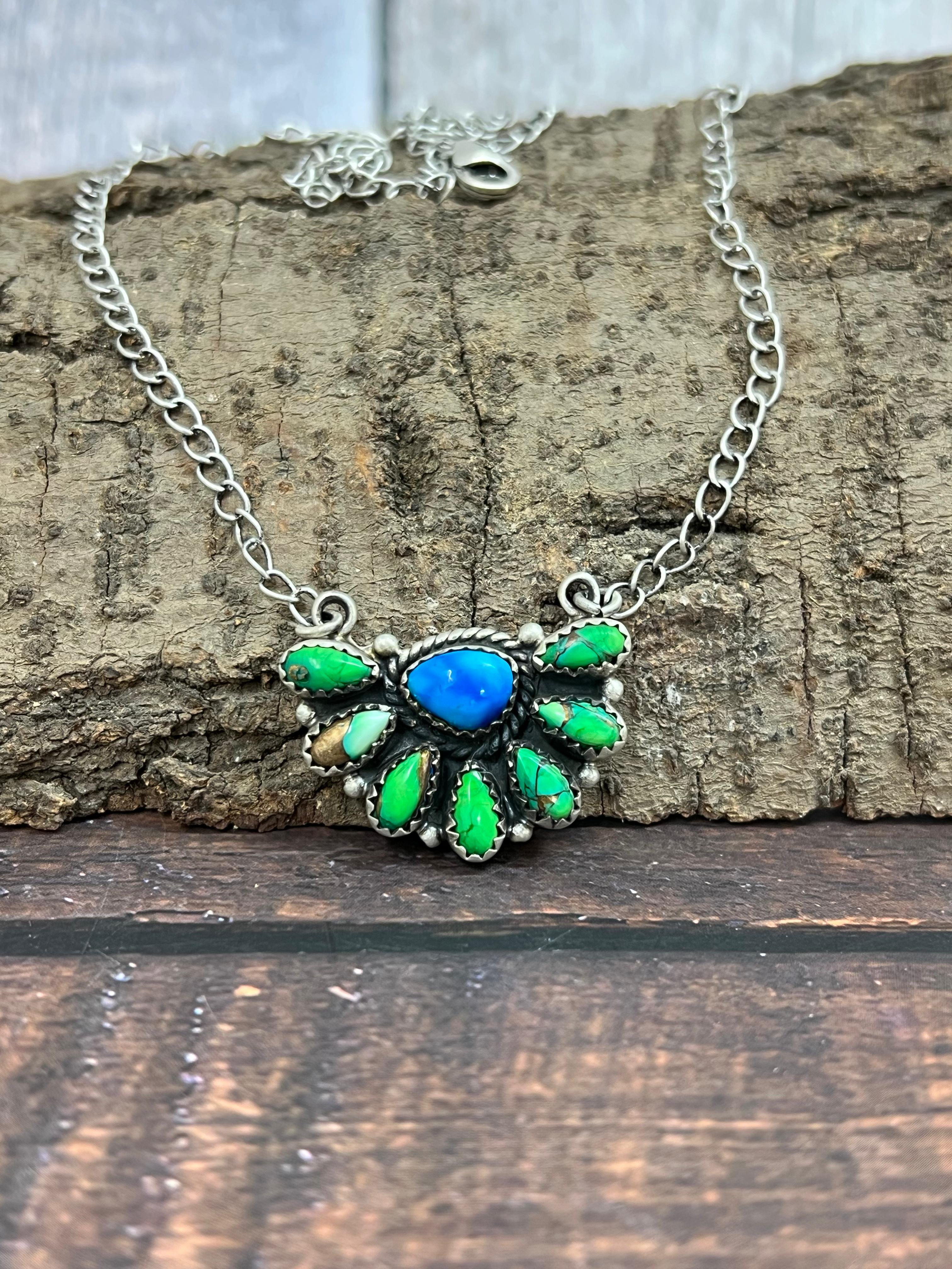 Handmade Sterling Silver Peacock Dahlia Necklace with Signed Nizhoni