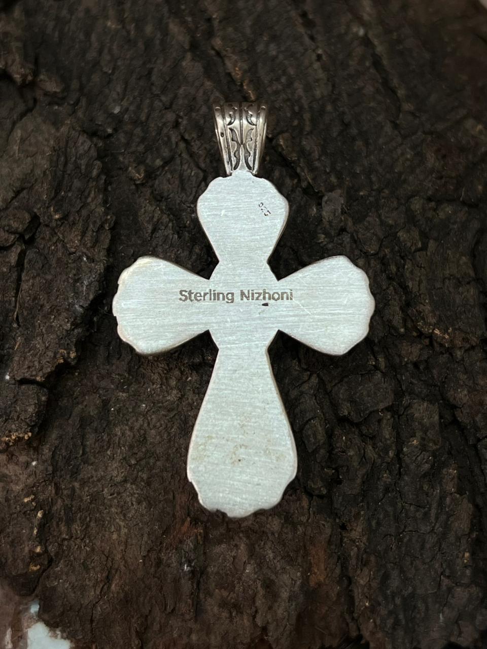 Handmade Sterling Silver Kingman Turquoise Cross Pendant "Signed Nizhoni" (4)