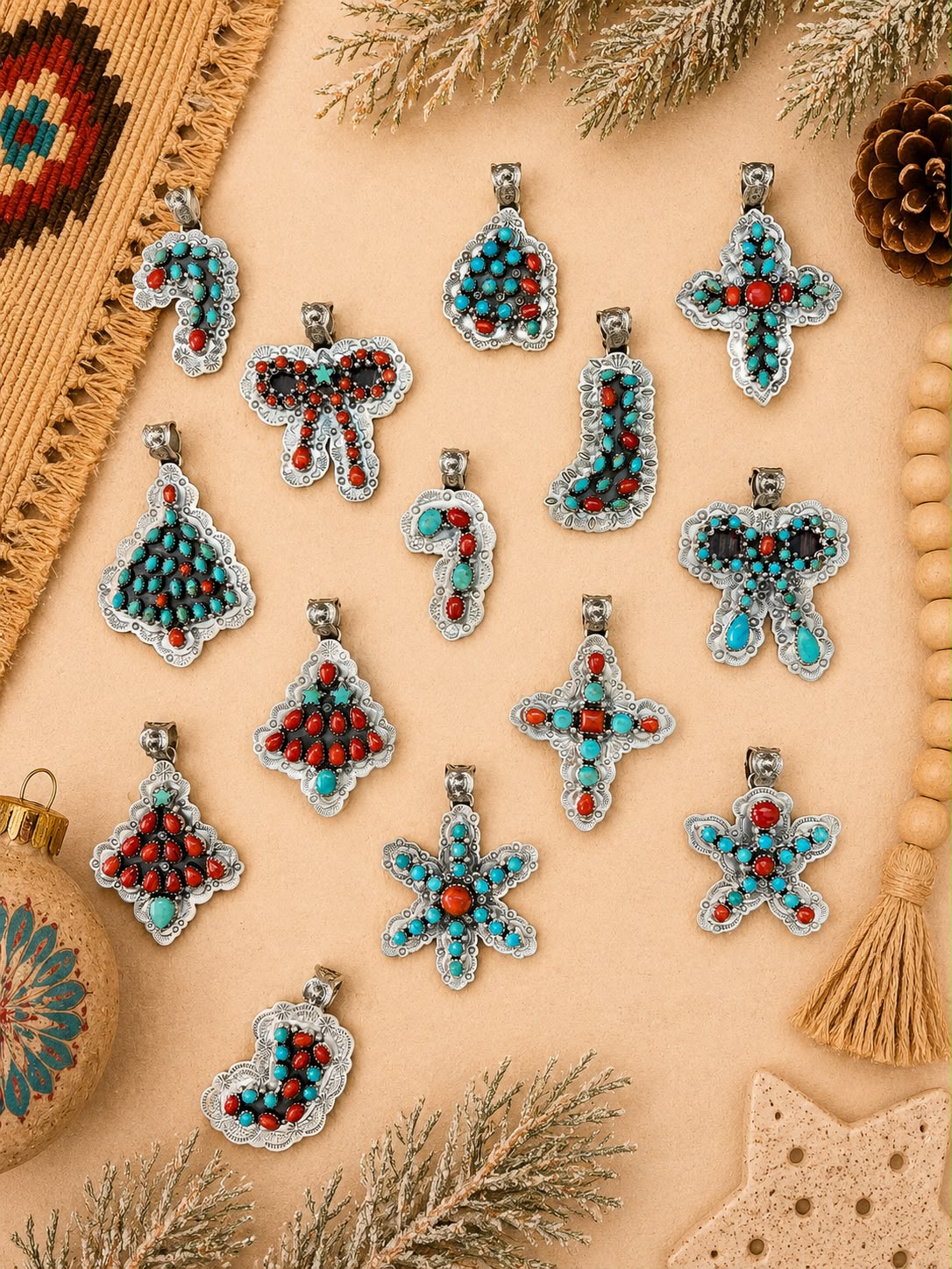 Handmade Sterling Silver Kingman Turquoise with Coral Christmas Ornaments Collection: Pendant Signed Nizhoni