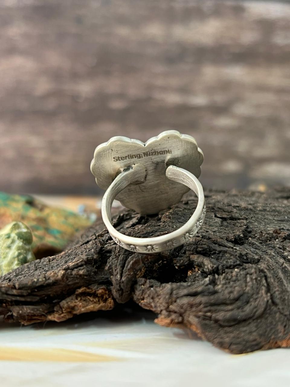 Handmade Sterling Silver Kingman Turquoise Heart Adjustable Ring "Signed Nizhoni"
