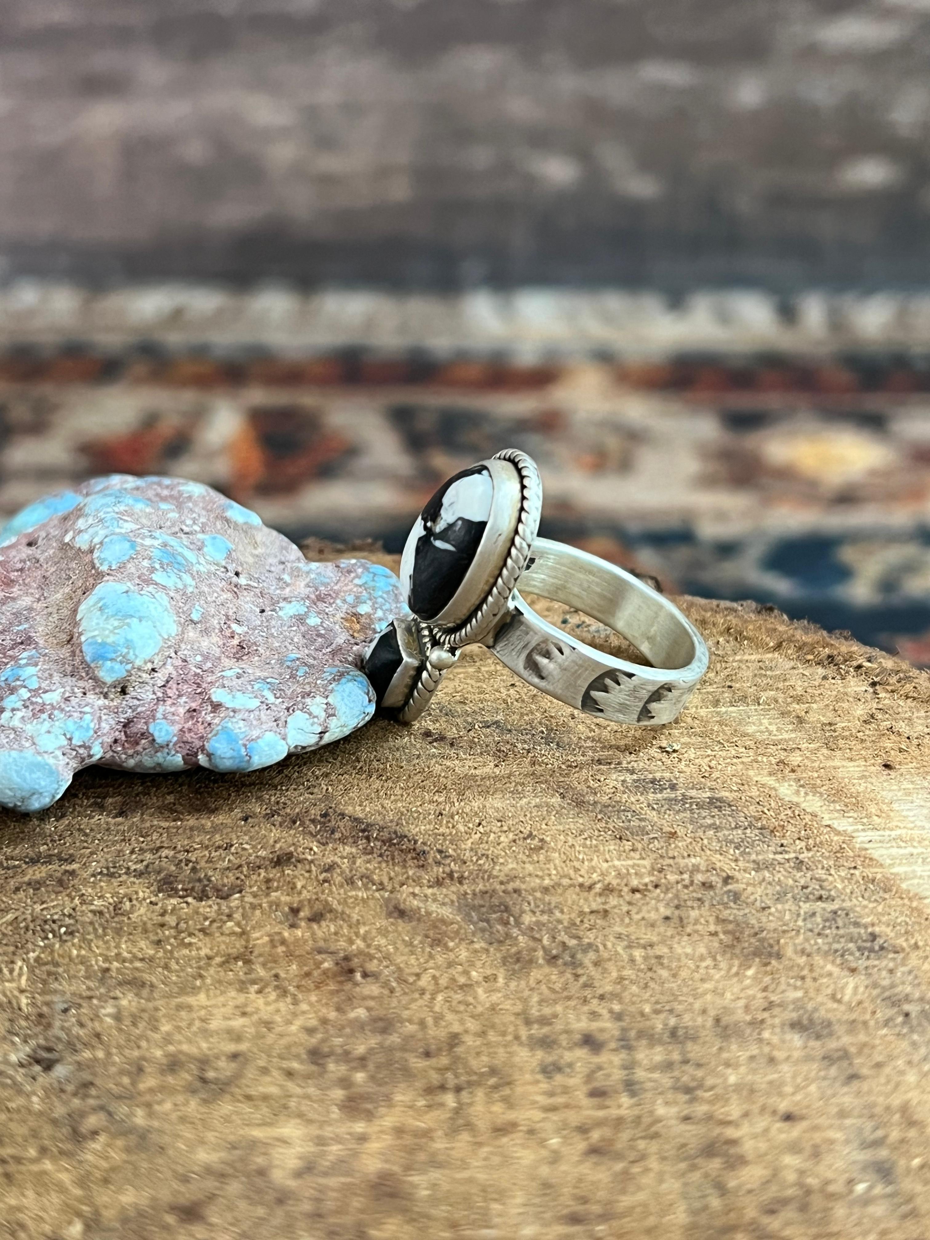 Handmade Sterling Silver White Buffalo Adjustable Ring, Signed Nizhoni