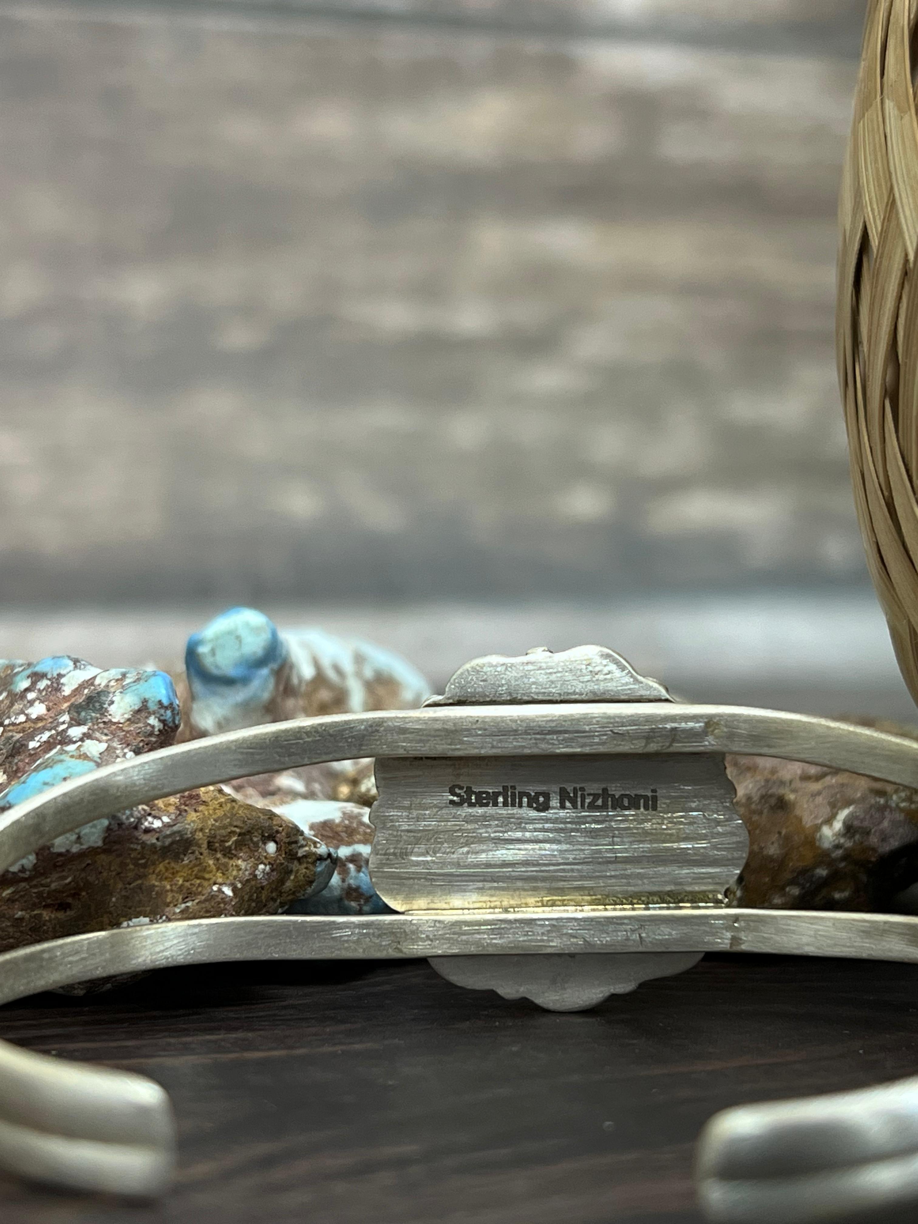 Handmade Sterling Silver Golden Hills Turquoise Cuff Bracelet with Signed Nizhoni