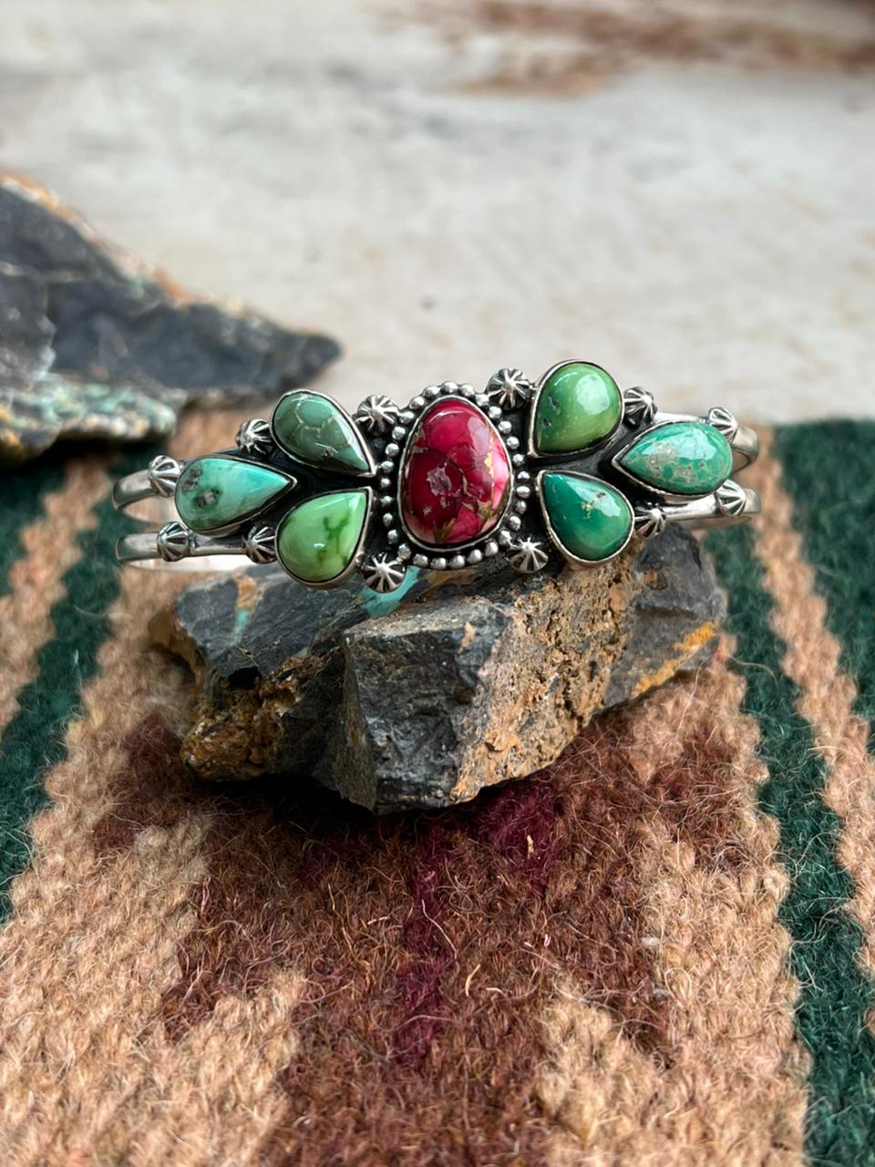 Handmade Sterling Silver Dahlia Rose with Emerald Valley Turquoise Cuff Bracelet "Signed Nizhoni"