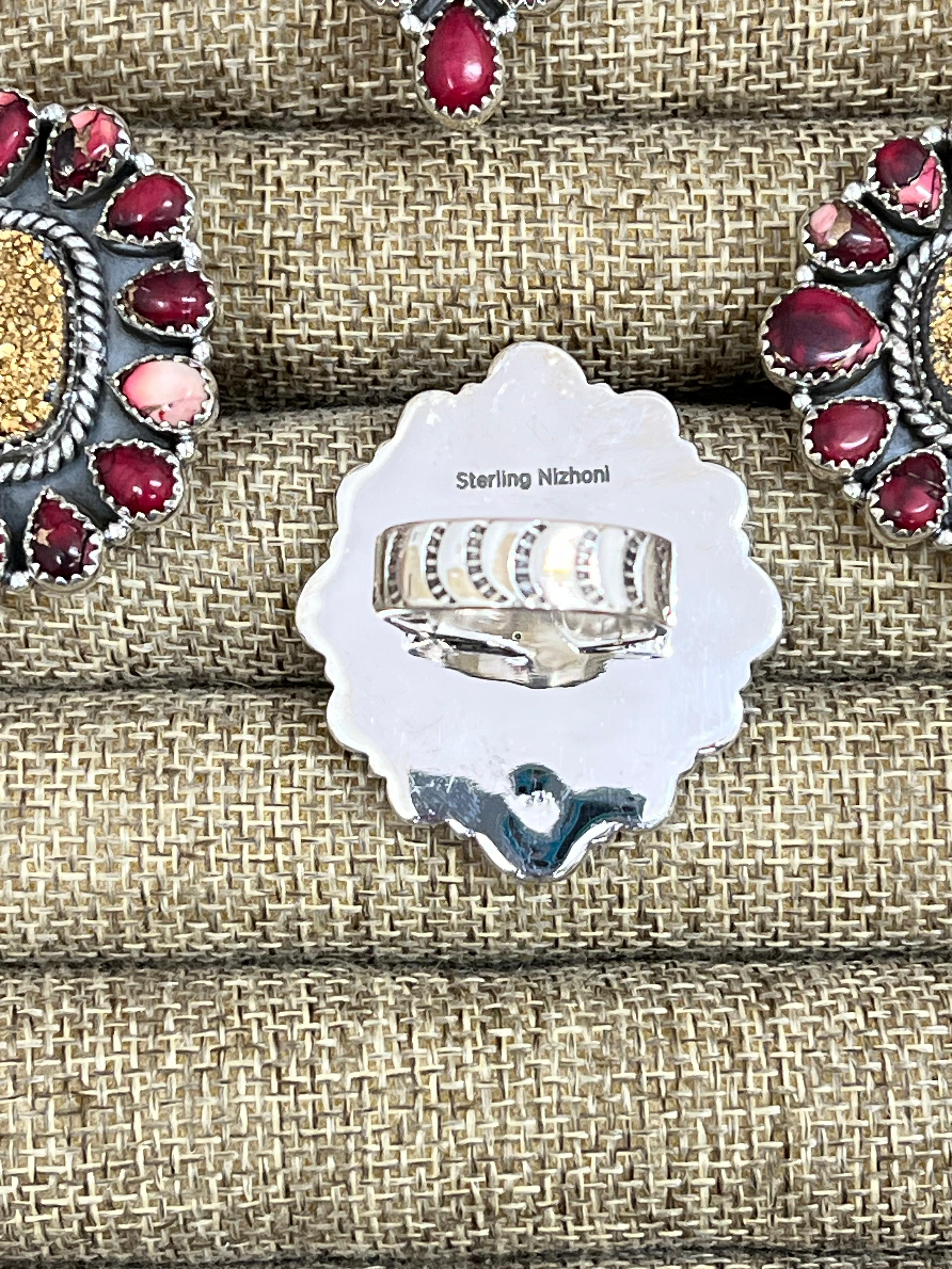 Handmade Sterling Silver Dahlia Rose with Druzy Adjustable Ring with Signed Nizhoni