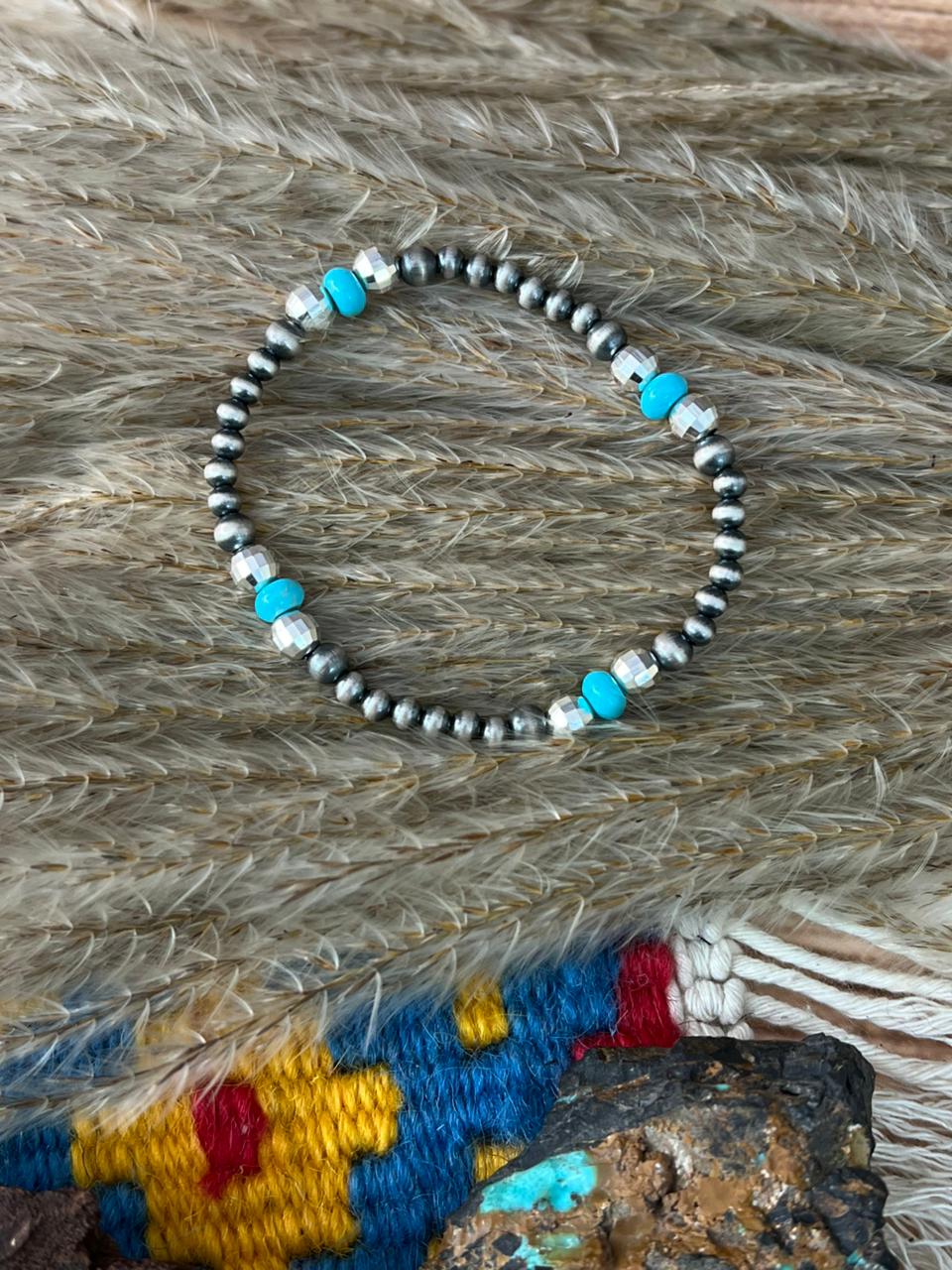 Handmade Sterling Silver Kingman Turquoise disco ball Stretch Bracelet