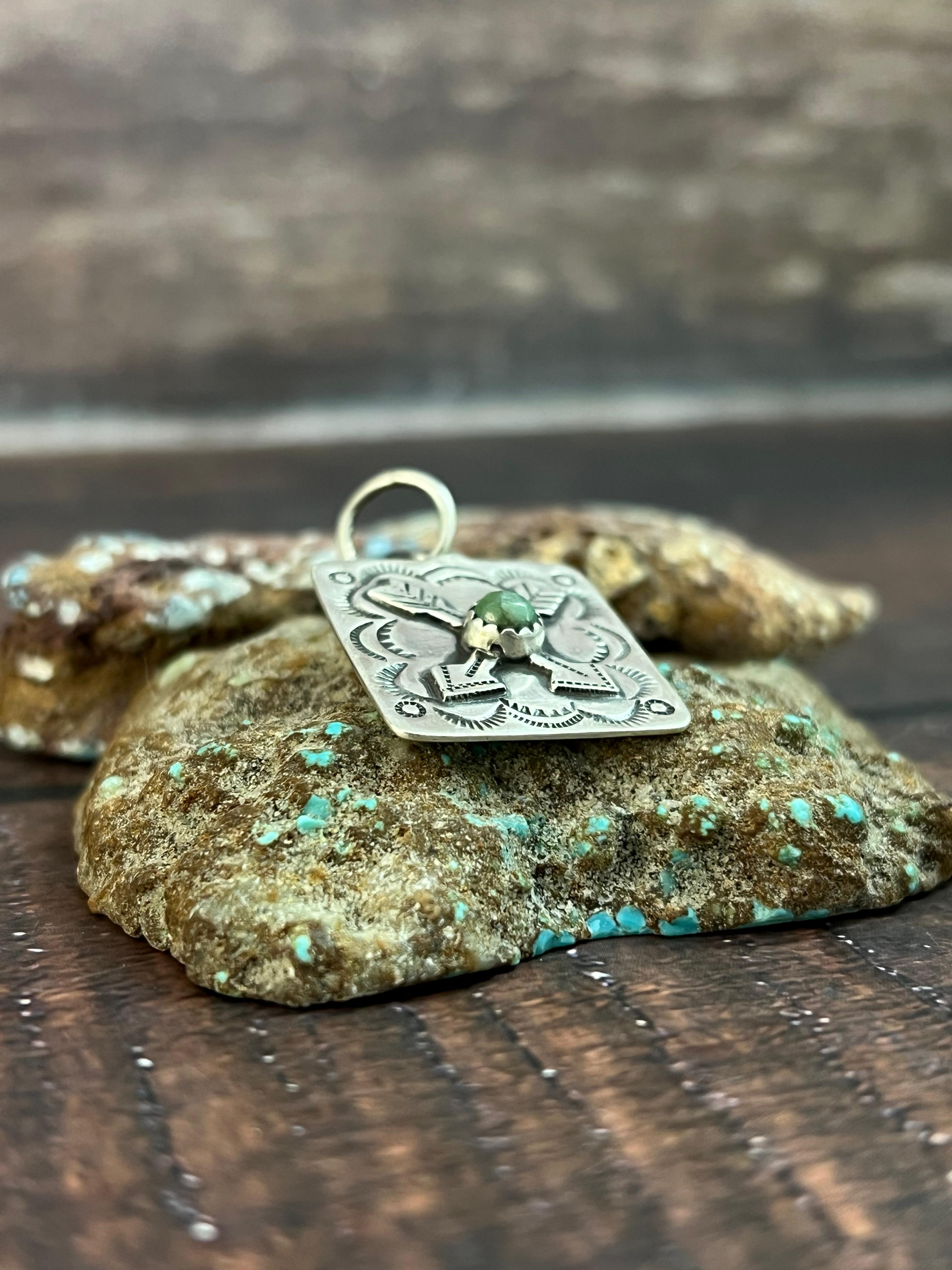 Handmade Sterling Silver Kingman Turquoise Pendant with Signed Nizhoni