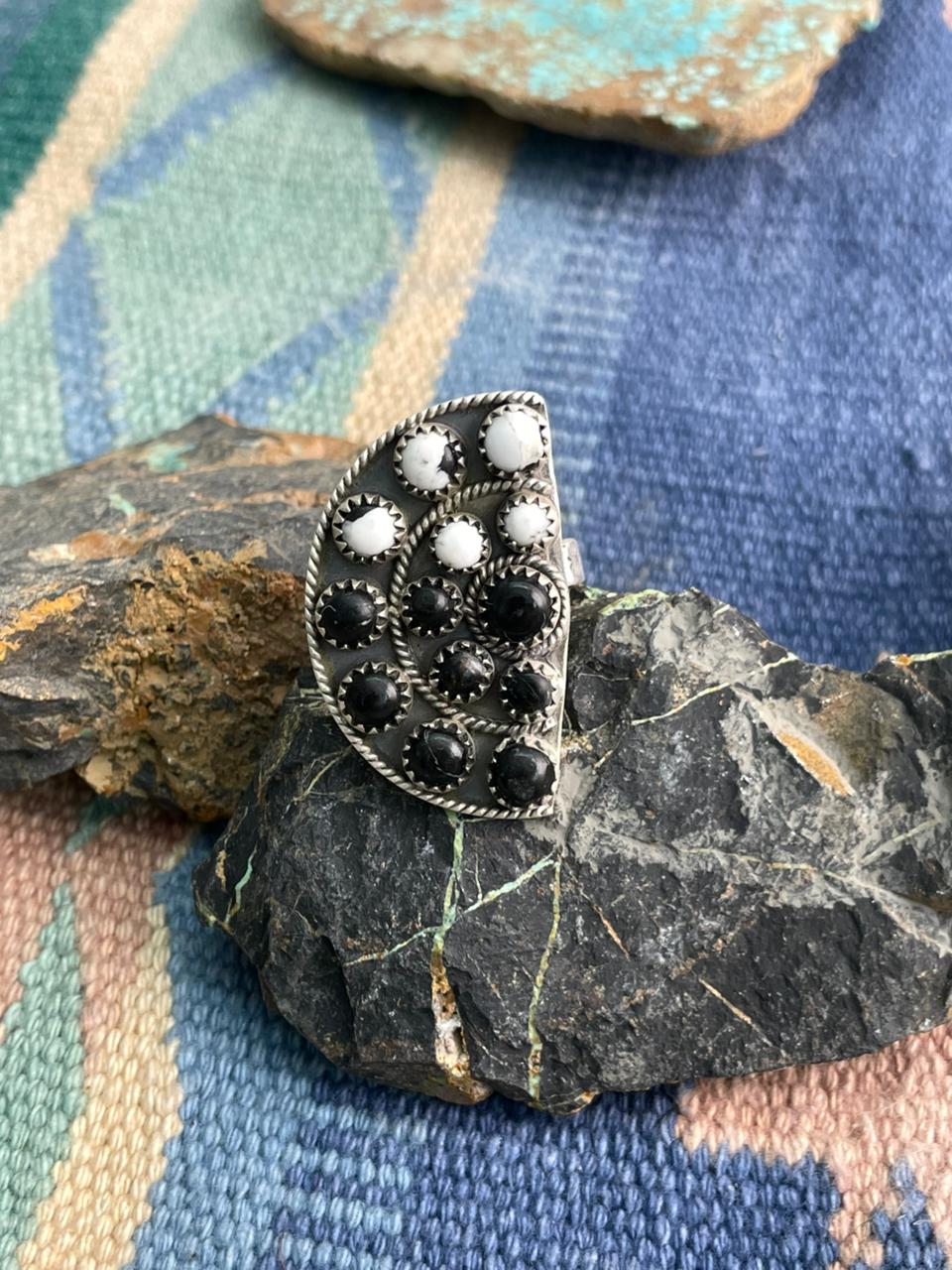 Handmade Sterling Silver White Buffalo Adjustable Ring "Signed Nizhoni"