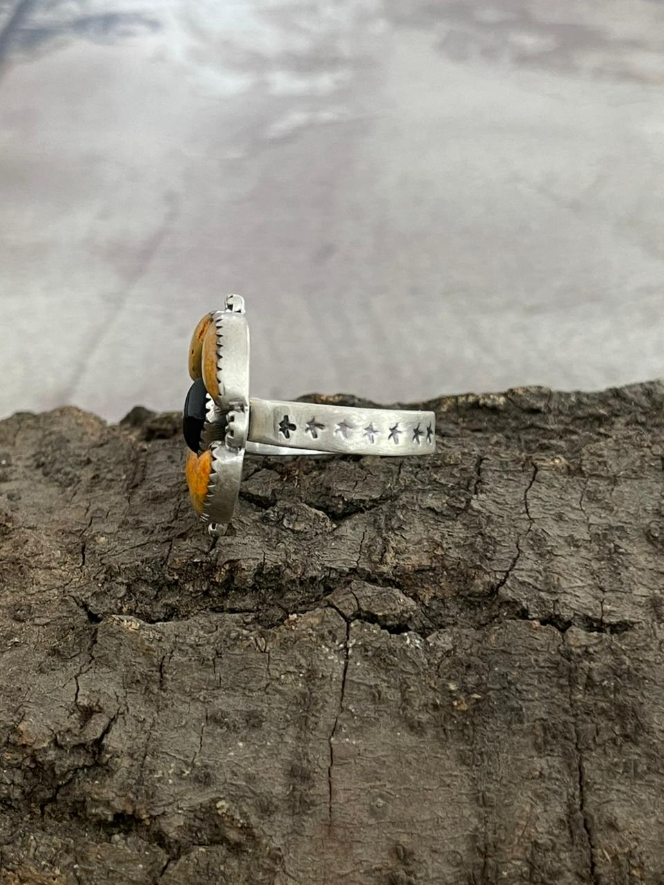 "Halloween Collection" Handmade Sterling Silver Black Onyx, Bumblebee Ring with Signed Nizhoni