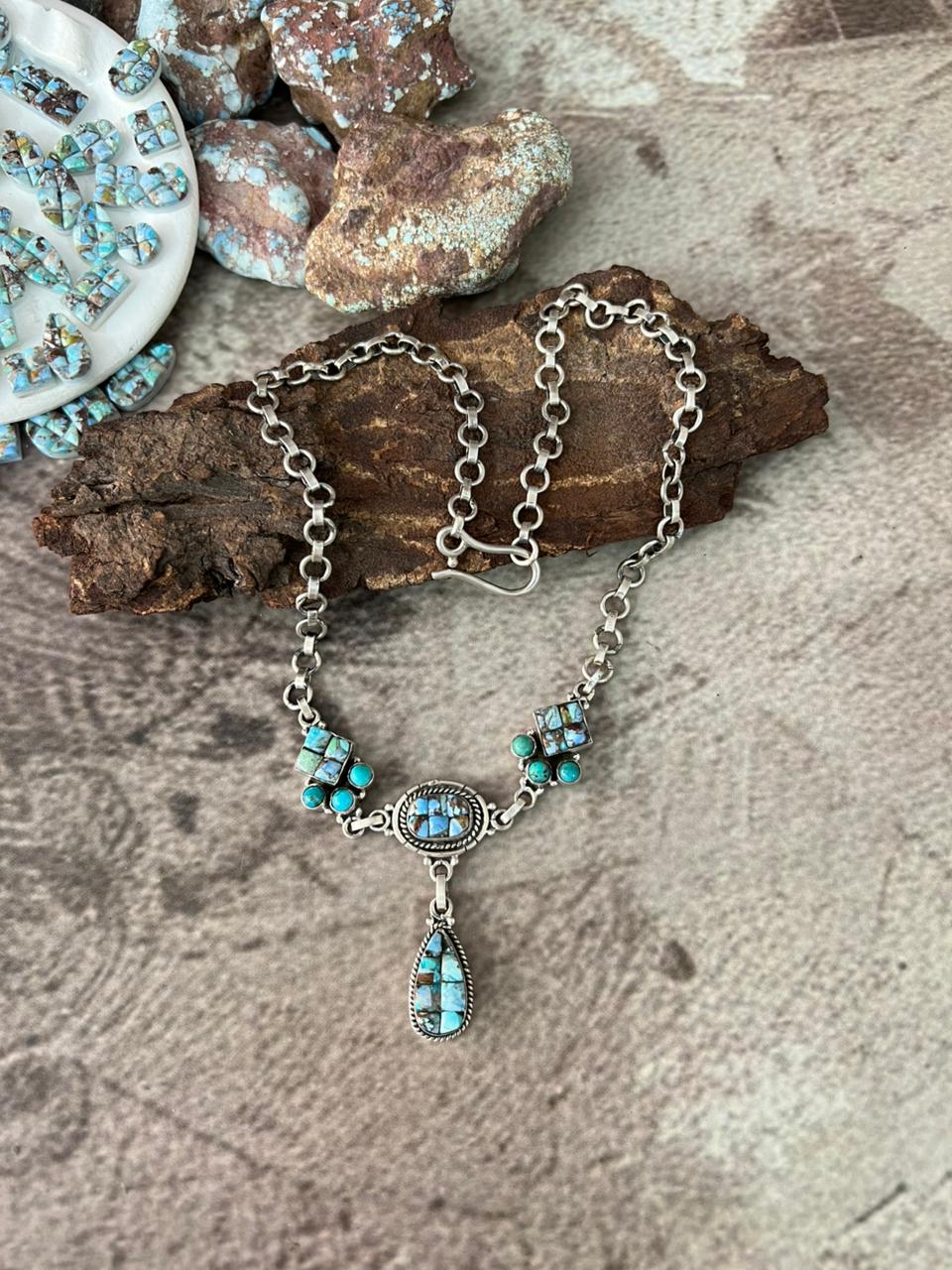Handmade Sterling Silver 'Golden Hills Turquoise Cobble Collection' Necklace "Signed Nizhoni"