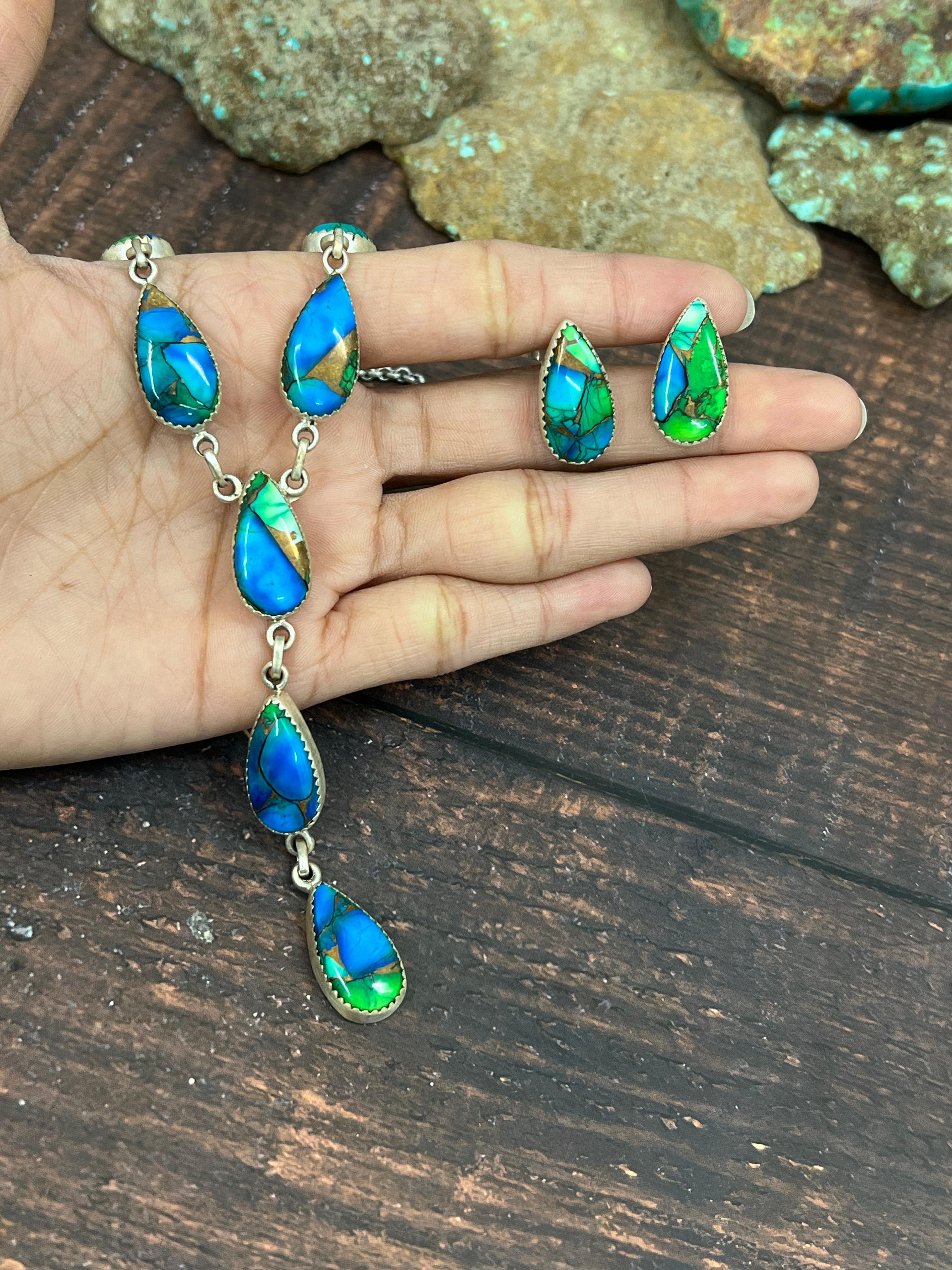 Handmade Sterling Silver Peacock Dahlia Necklace Earrings Set with Signed Nizhoni