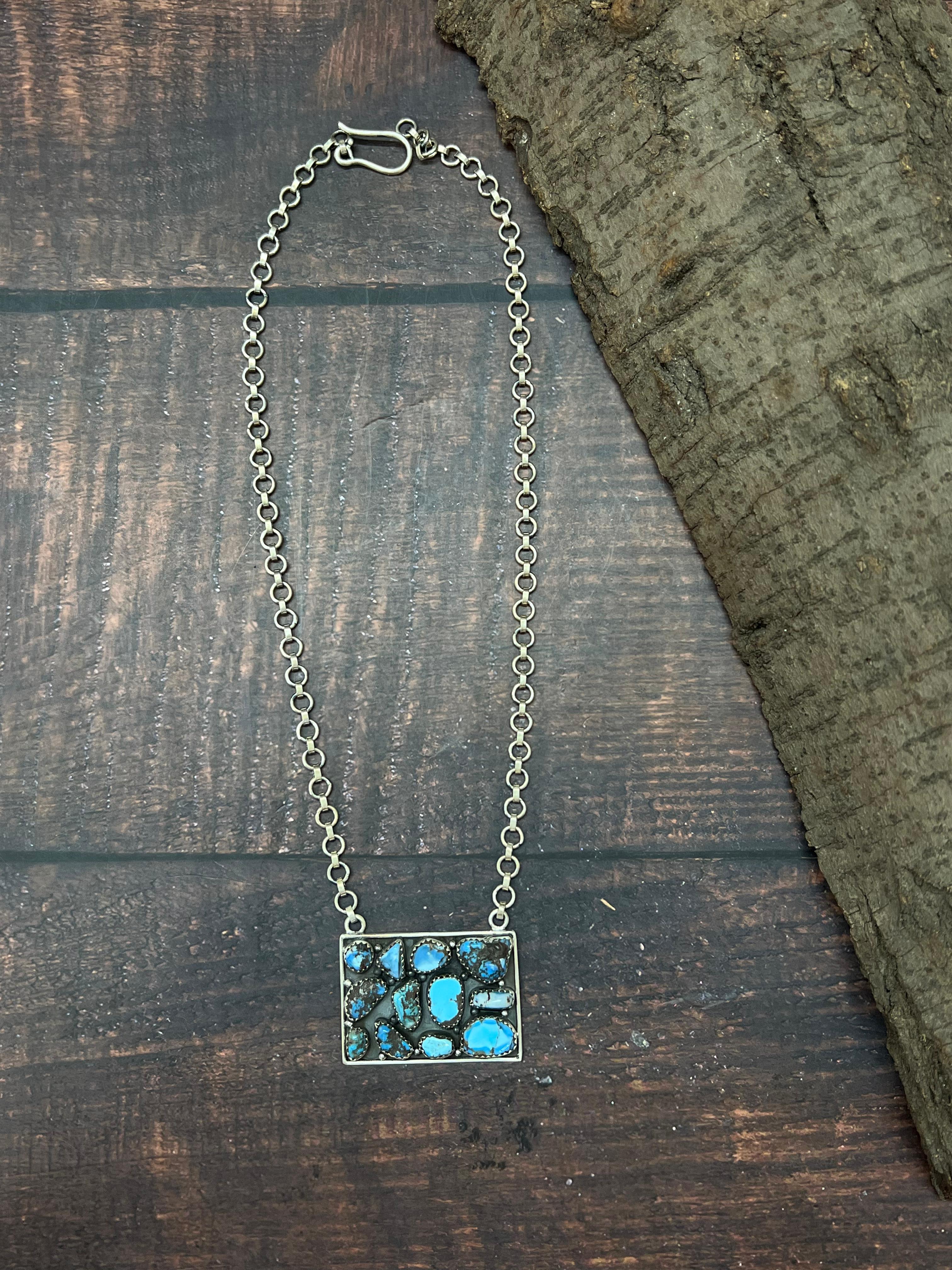 Handmade Sterling Silver Golden Hills Turquoise Necklace with Signed Nizhoni