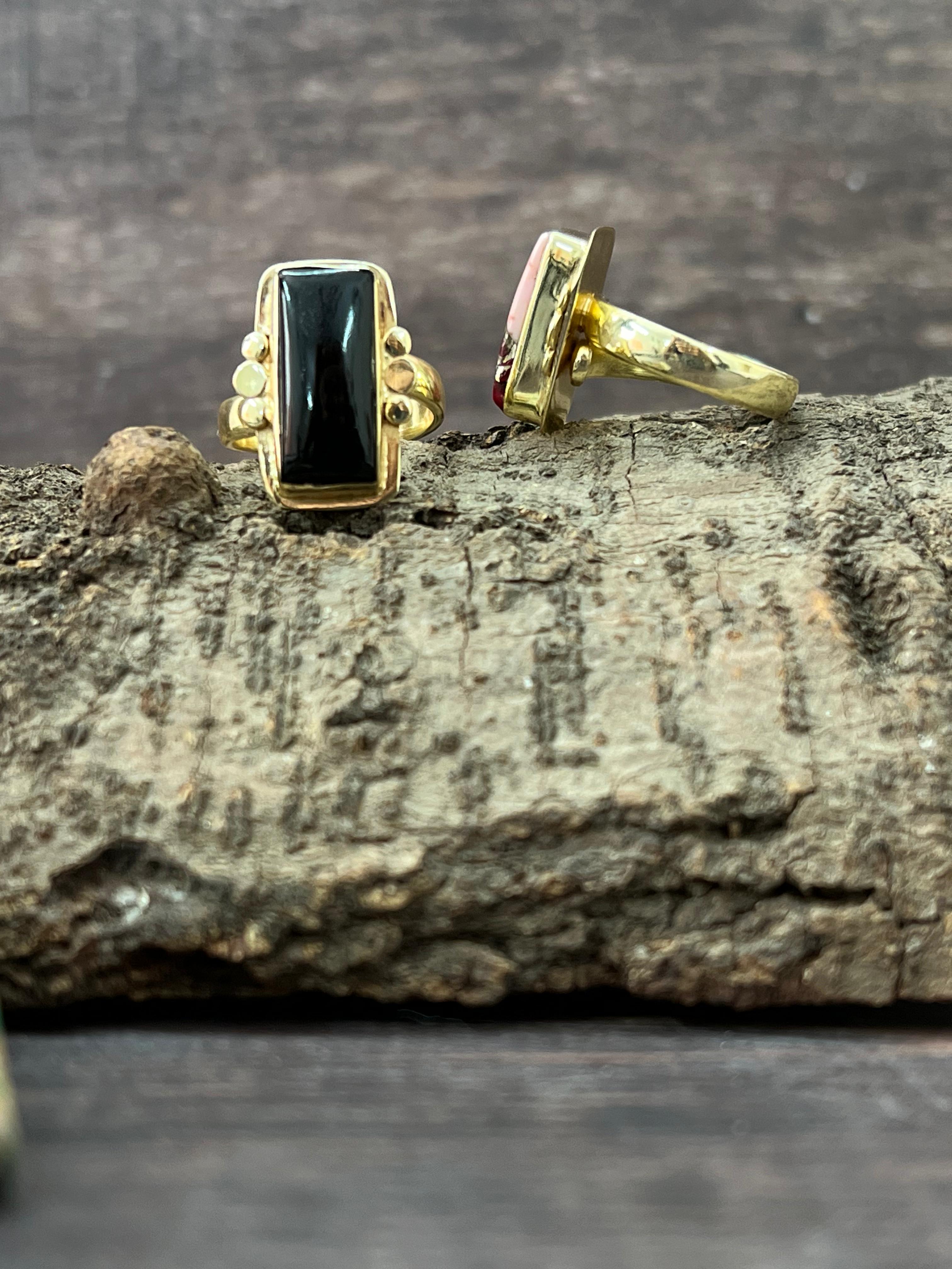“The Golden Collection” Natural Dahlia Rose, Black Onyx Adjustable Ring