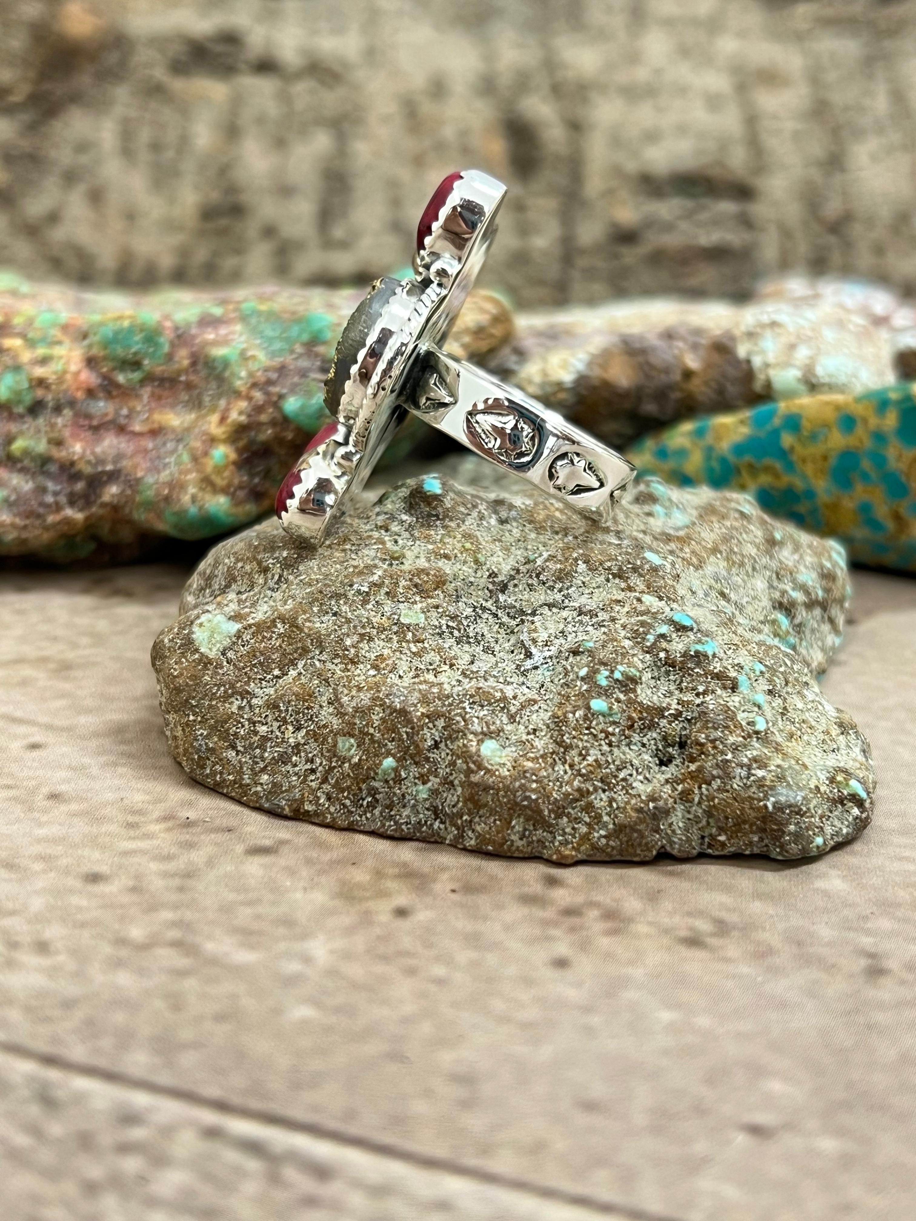 Handmade Sterling Silver Dahlia Rose with Druzy Adjustable Ring with Signed Nizhoni