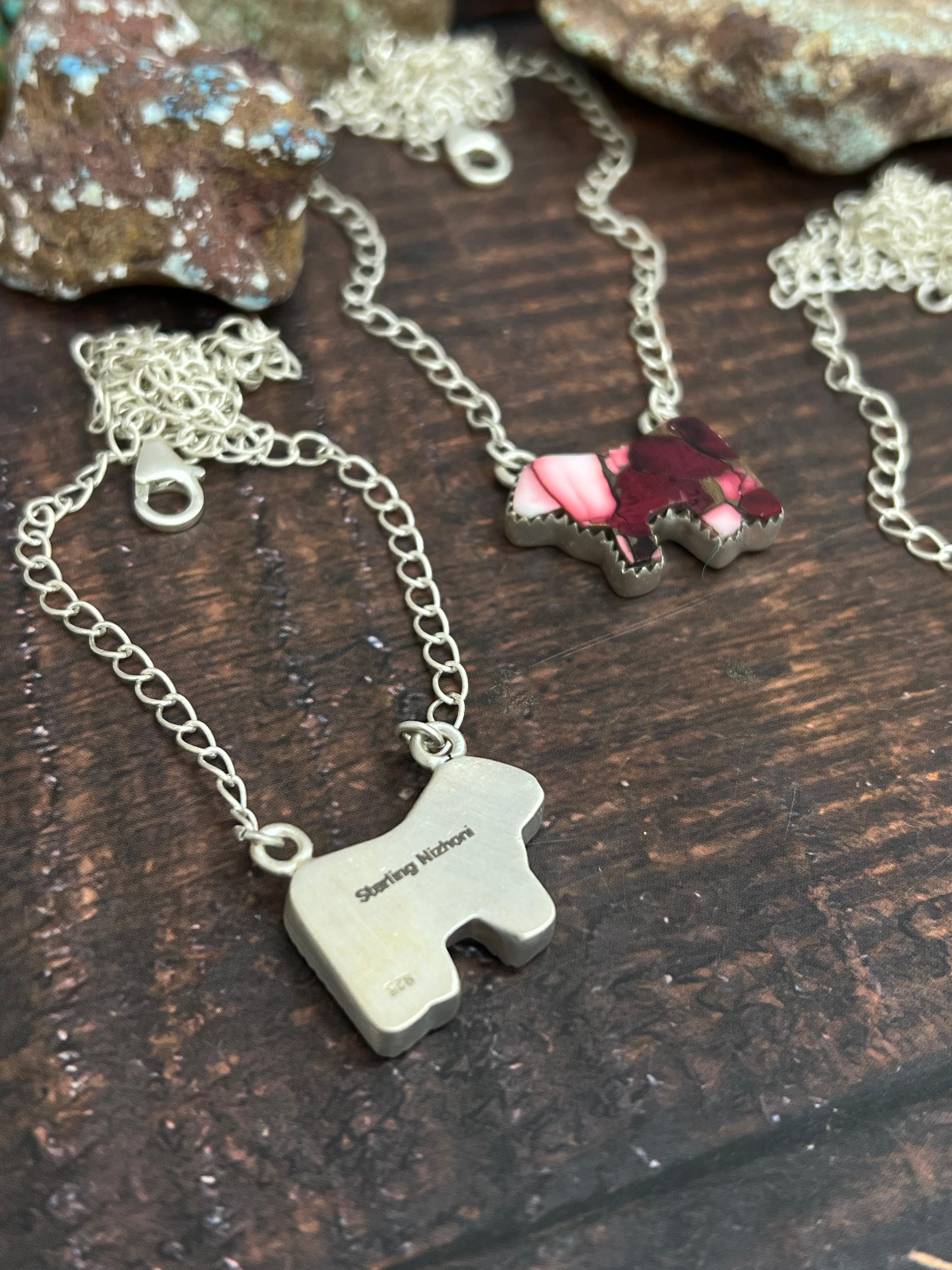 Handmade Sterling Silver Multi Gemstone Bull Necklace with Signed Nizhoni