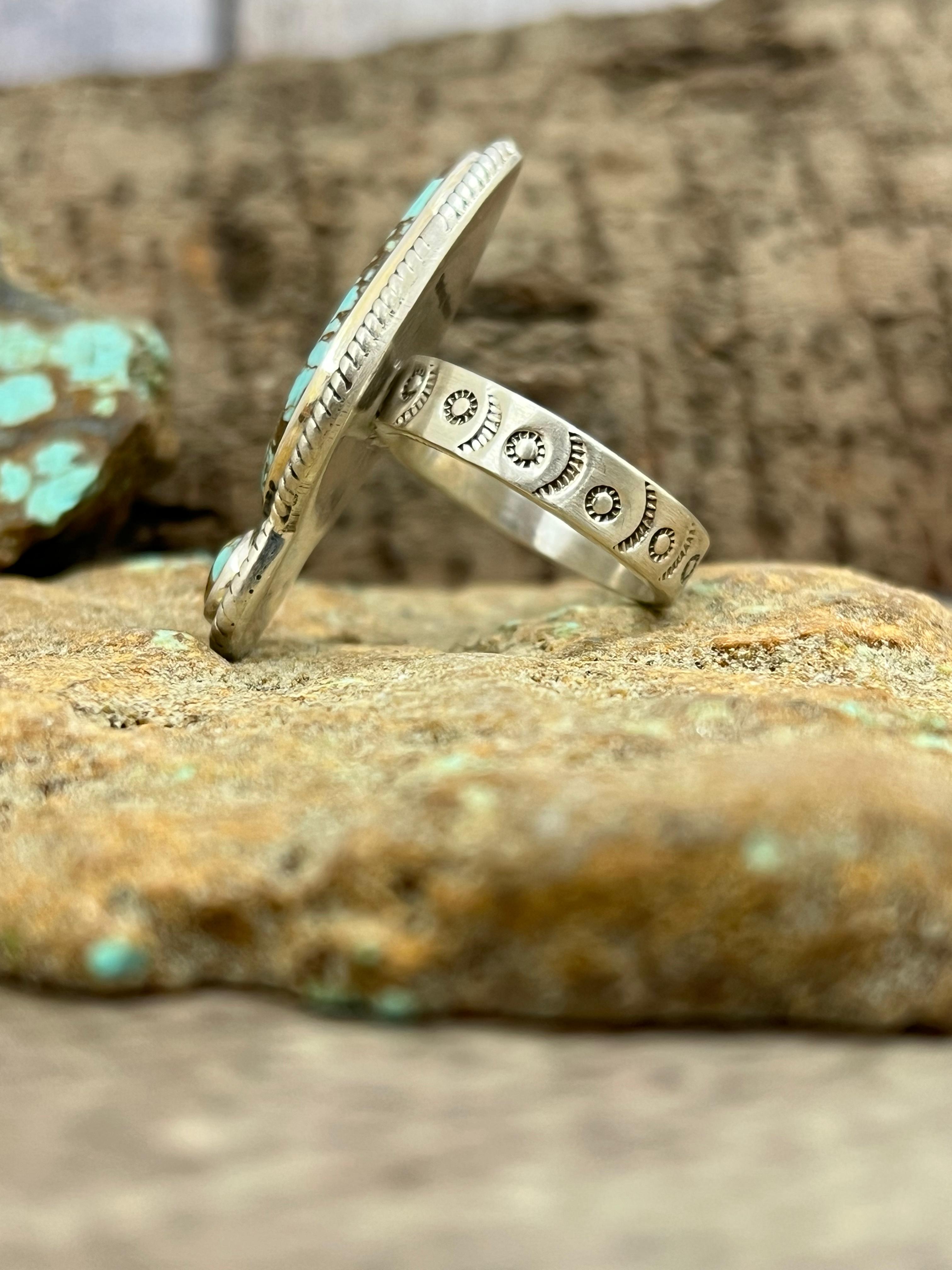 Handmade Sterling Silver Number 8 Turquoise Adjustable Ring with Signed Nizhoni