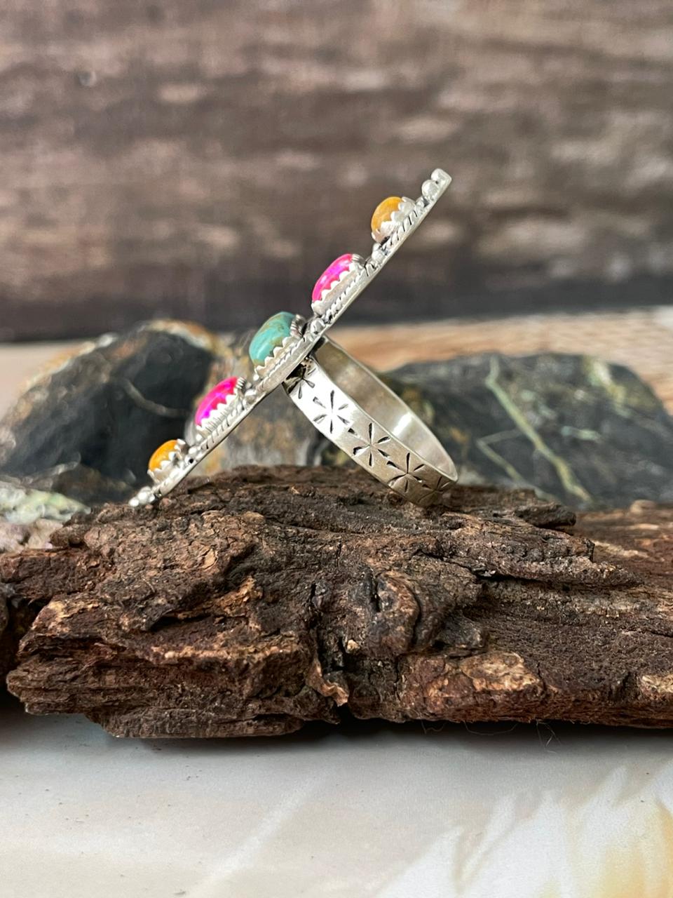 Handmade Sterling Silver Spring Collection: Bumblebee with Hot Pink and Kingman Adjustable Ring "Signed Nizhoni"