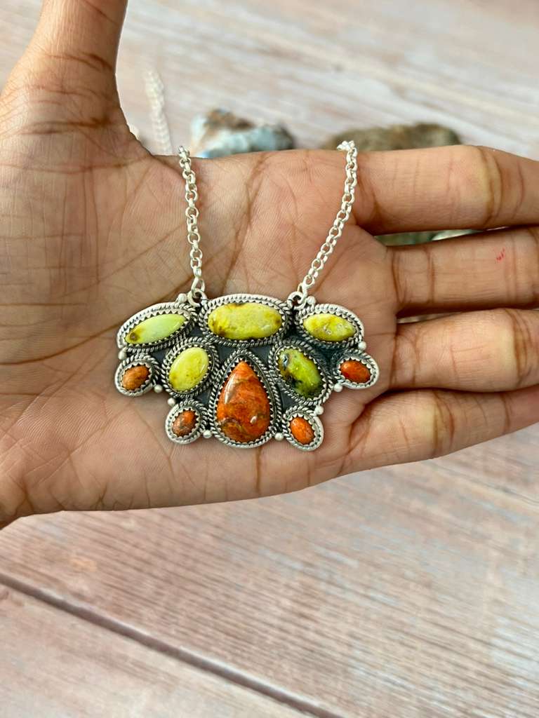 Handmade Sterling Silver Apple Coral and Palomino Necklace "Signed Nizhoni"