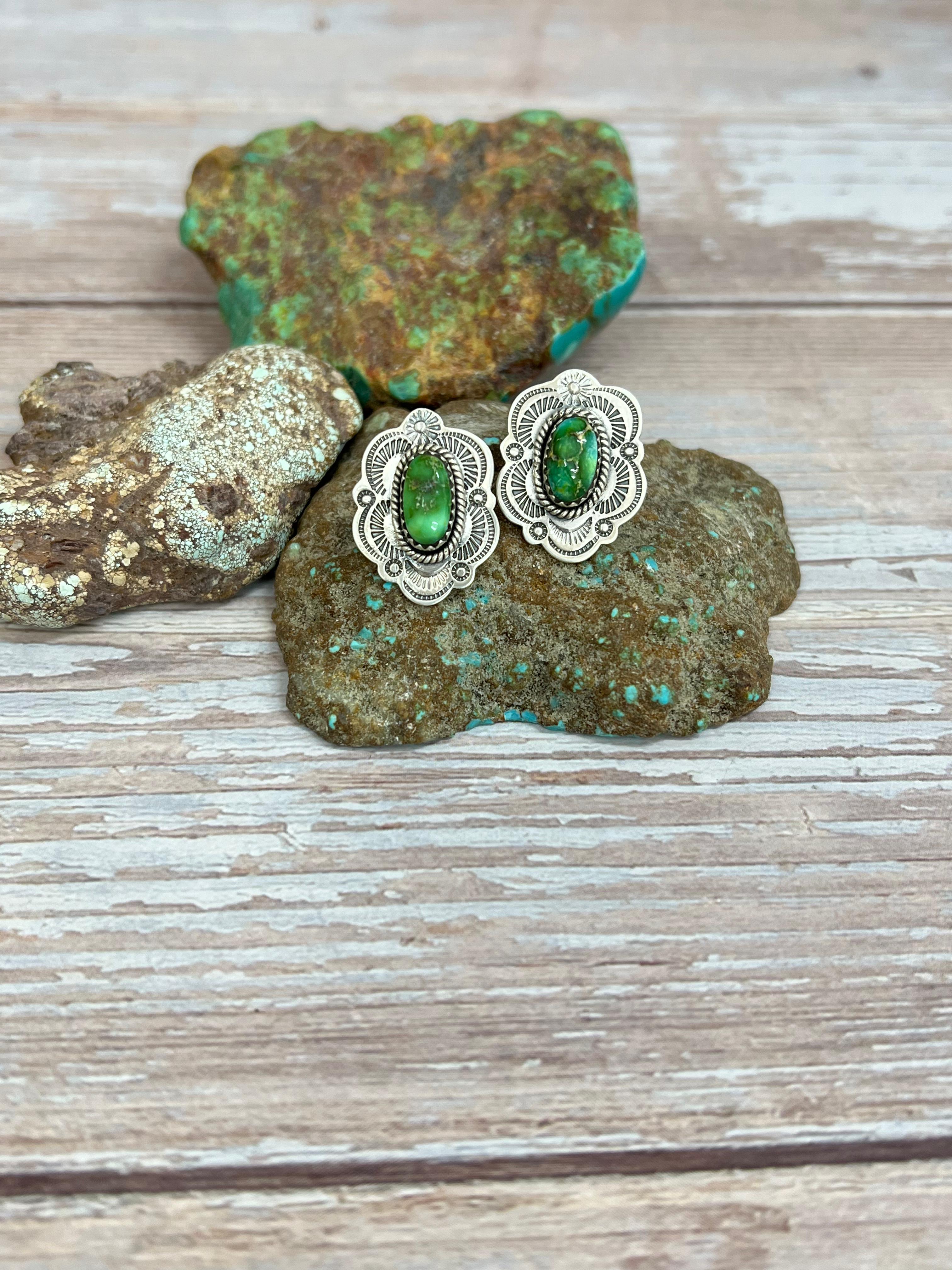 Handmade Sterling Silver Sonoran Mountain Turquoise Post Earrings with Signed Nizhoni