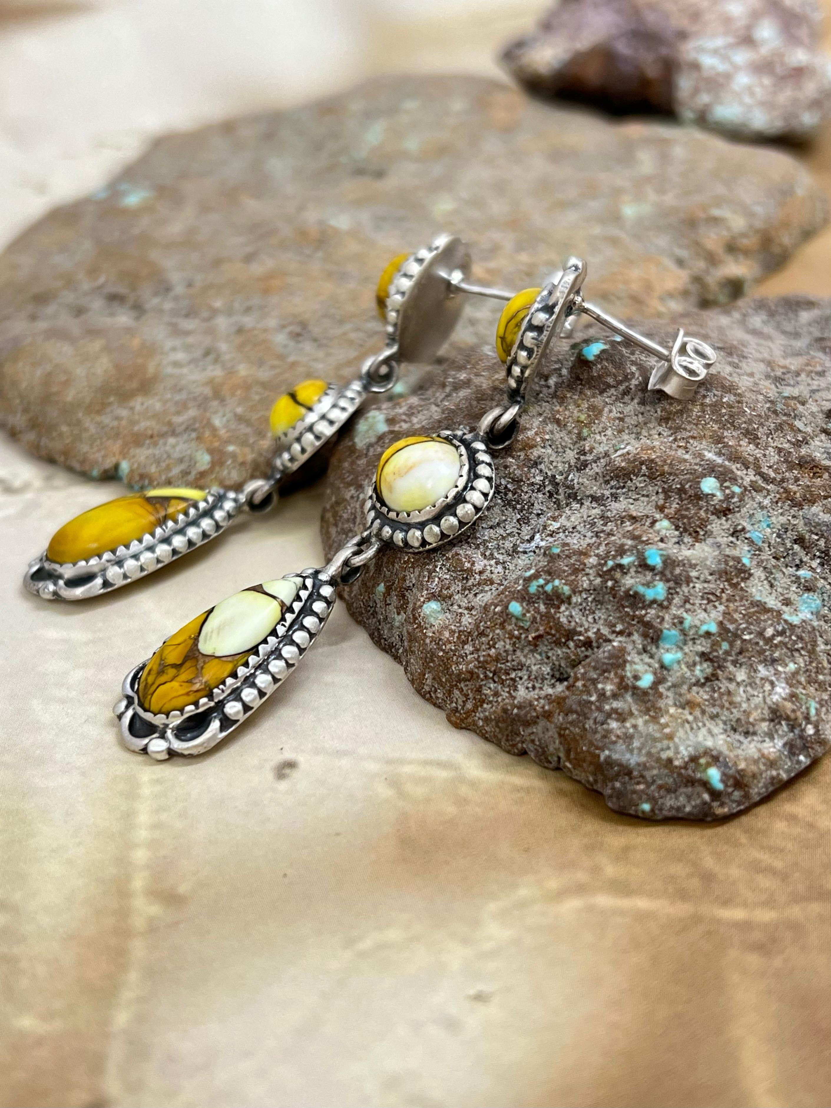 Handmade Sterling Silver Honey Dahlia Post Dangle Earrings with Signed Nizhoni