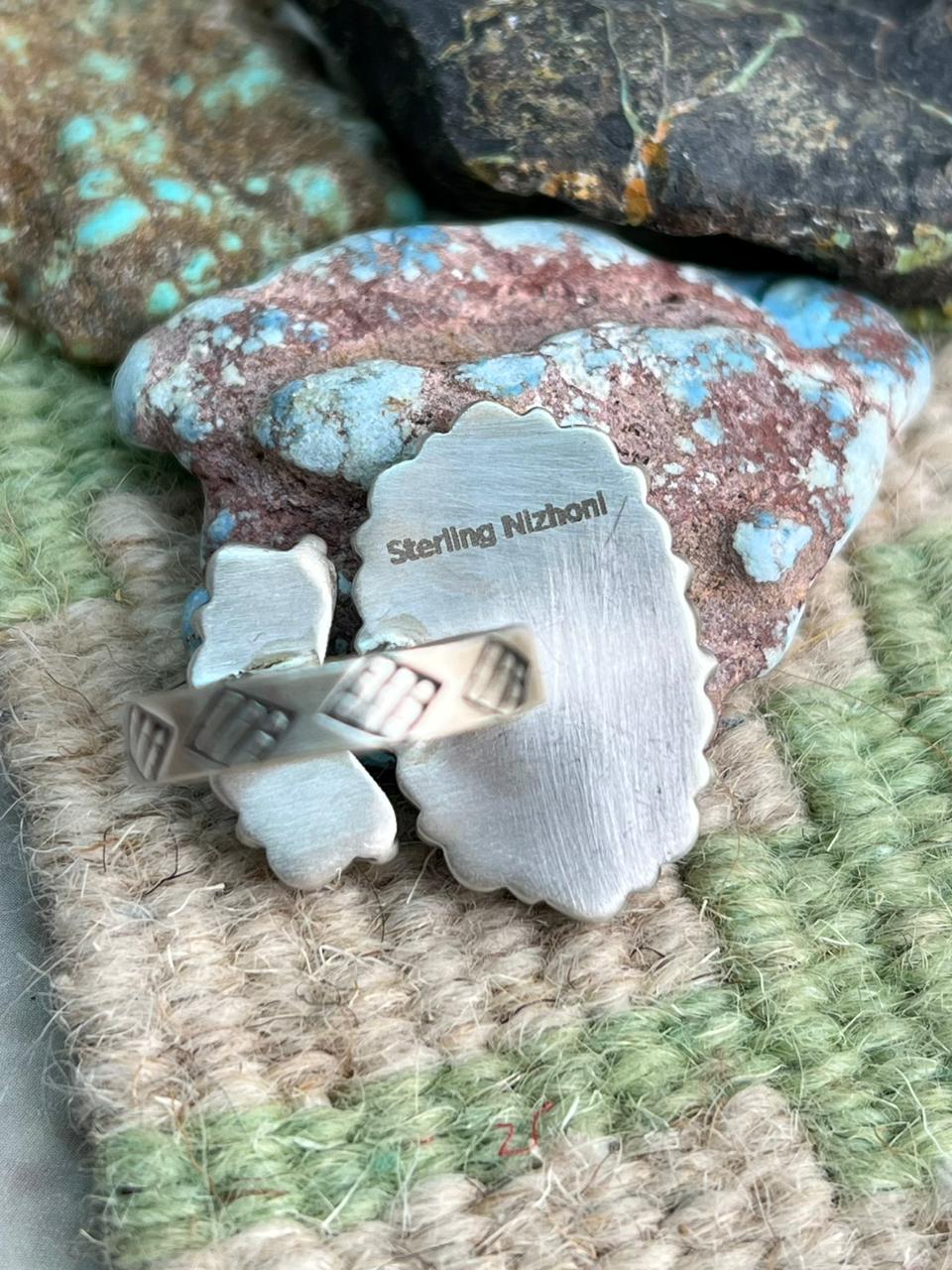 Handmade Sterling Silver Kingman Turquoise Adjustable Ring "Signed Nizhoni"