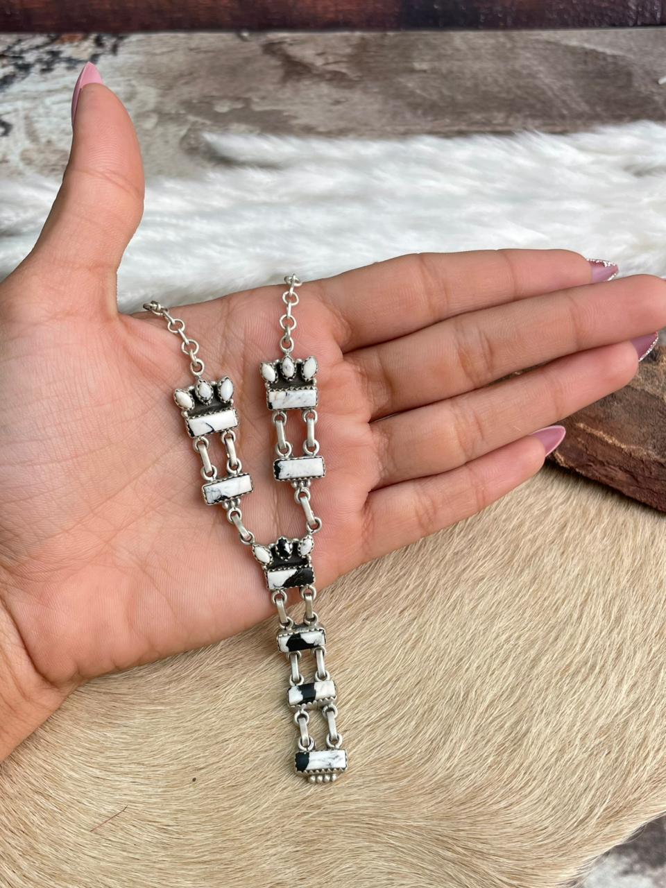 Handmade Sterling Silver White Buffalo Drop Necklace "Signed Nizhoni"