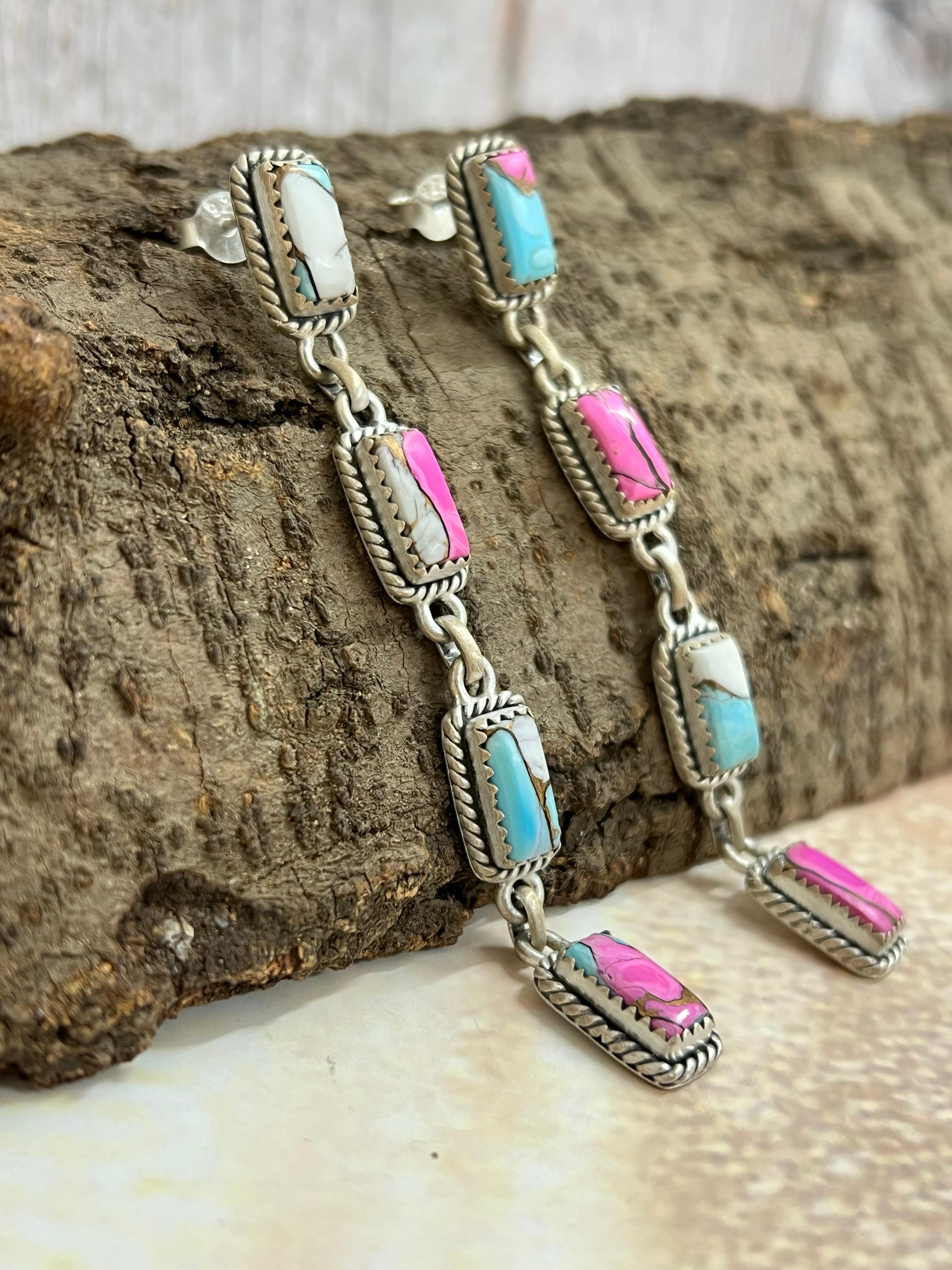 Handmade Sterling Silver Cotton Candy Turquoise Post Earrings with Signed Nizhoni