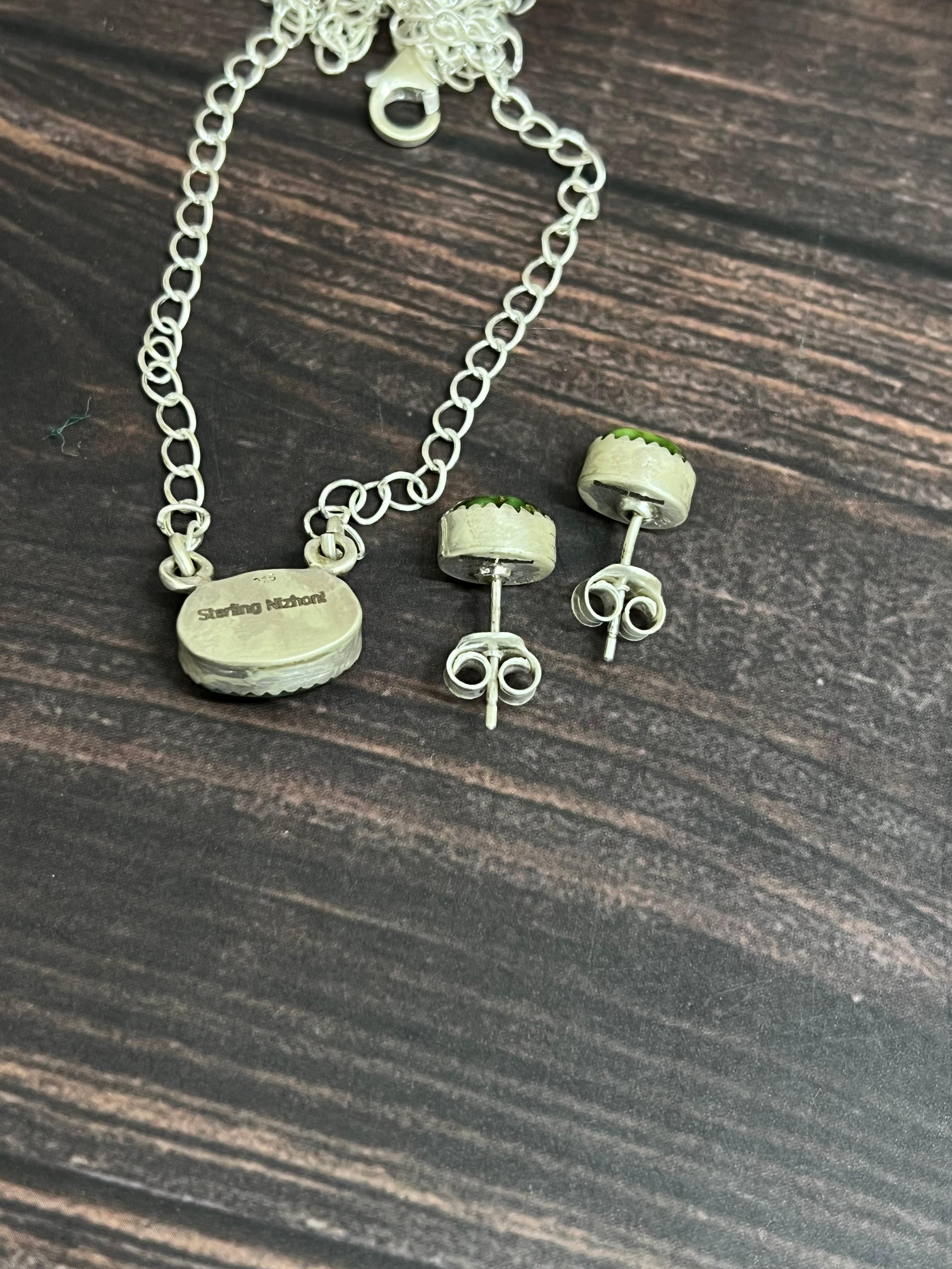 Handmade Sterling Silver Sonoran Mountain Turquoise Necklace Earrings Set with Signed Nizhoni