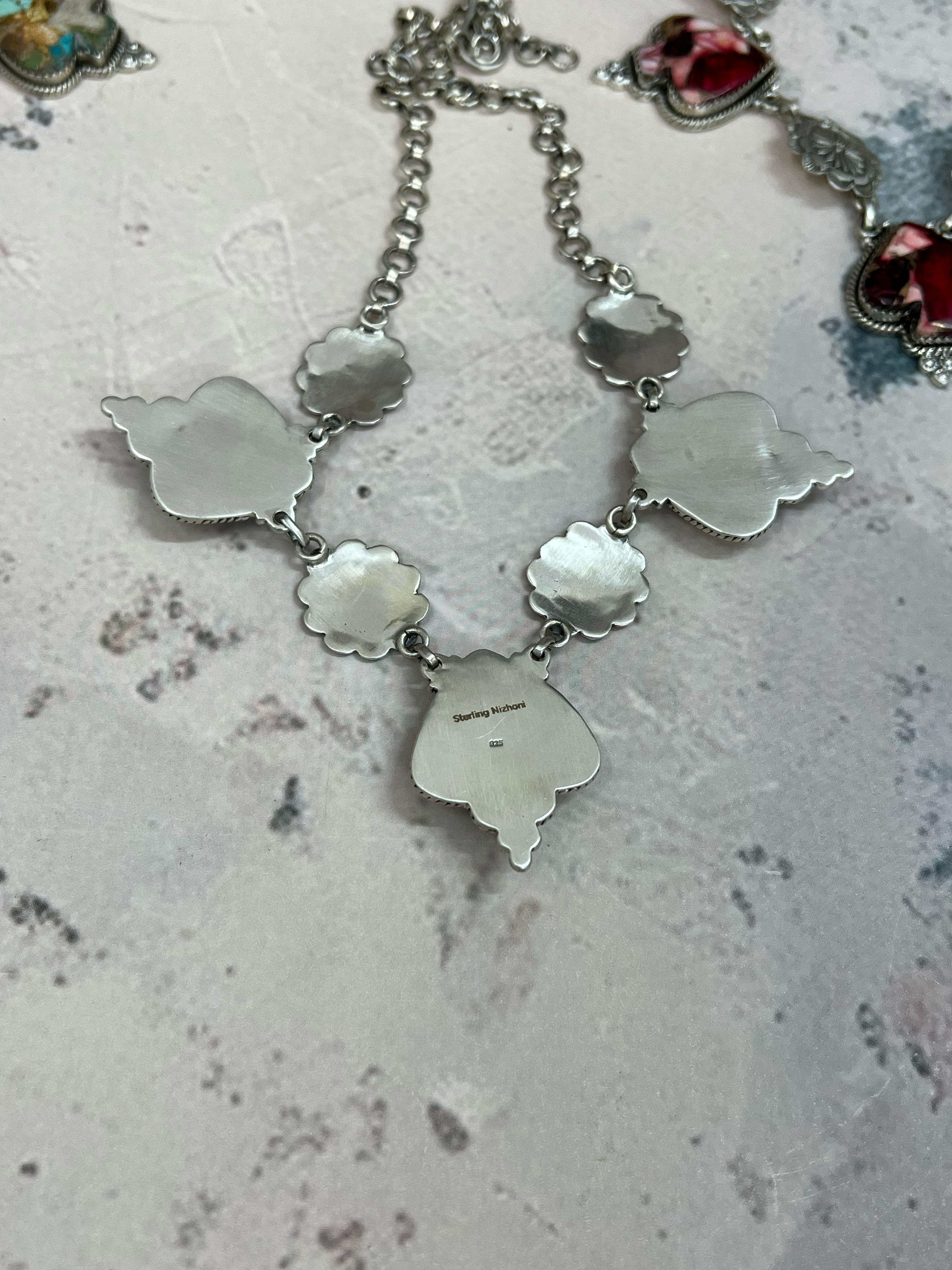 Handmade Sterling Silver White Buffalo, Royston Turquoise, Dahlia Rose Necklace, Signed Nizhoni