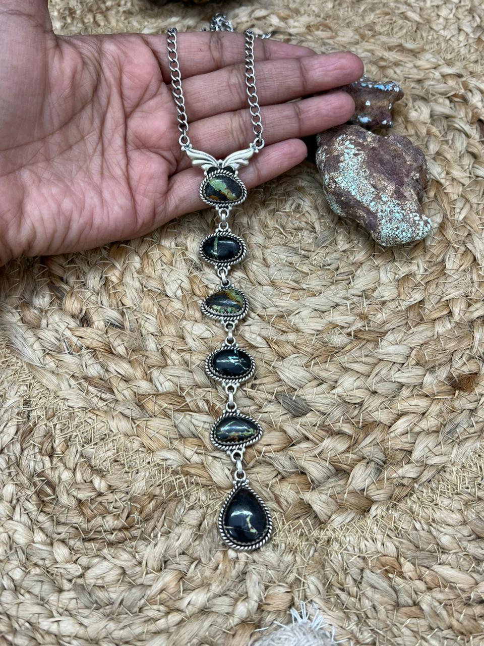 Handmade Sterling Silver Blackjack Turquoise Necklace "Signed Nizhoni"