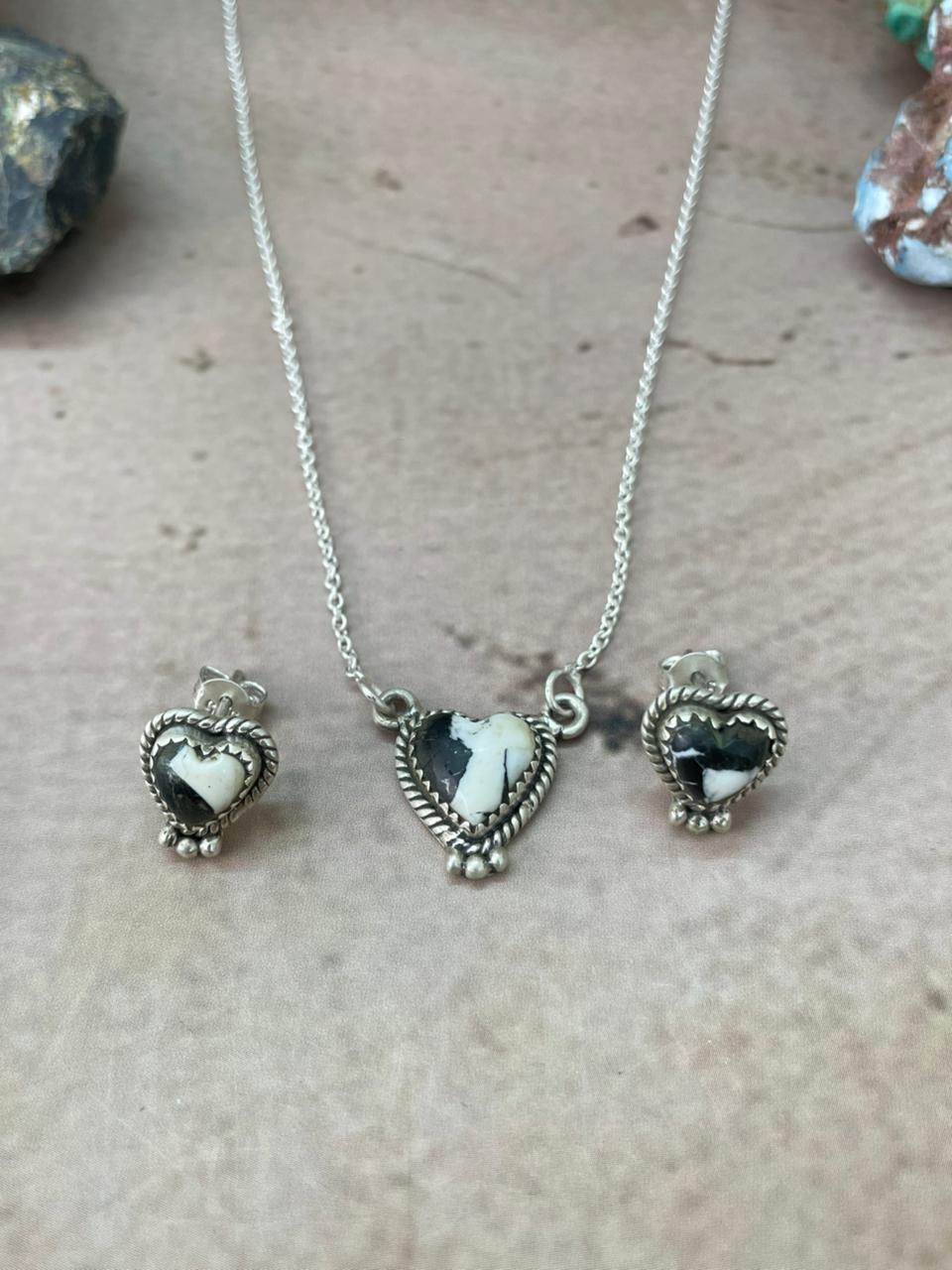 Handmade Sterling Silver White Buffalo Necklace Earrings Set "Signed Nizhoni"