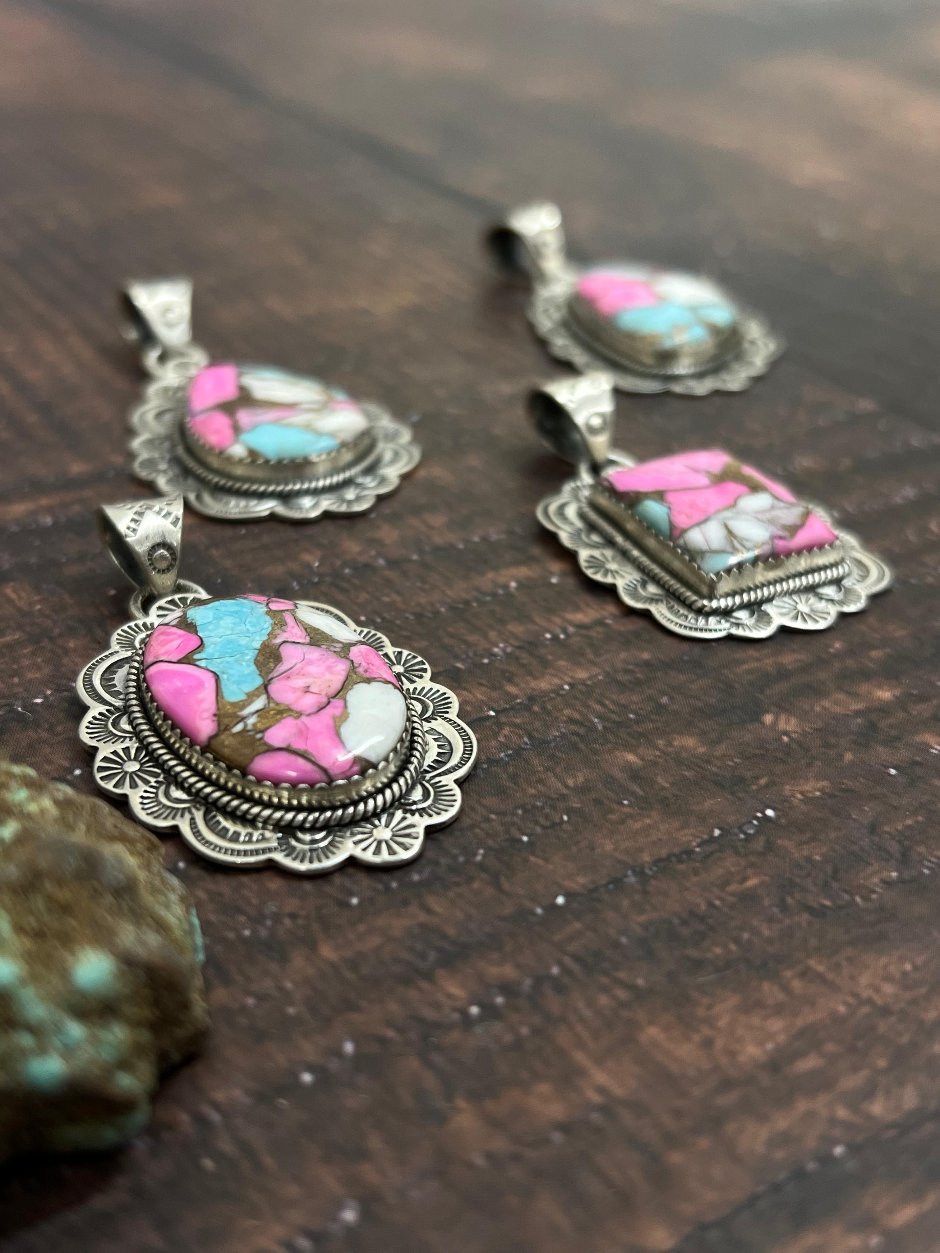 Handmade Sterling Silver Cotton Candy Turquoise Pendant with Signed Nizhoni