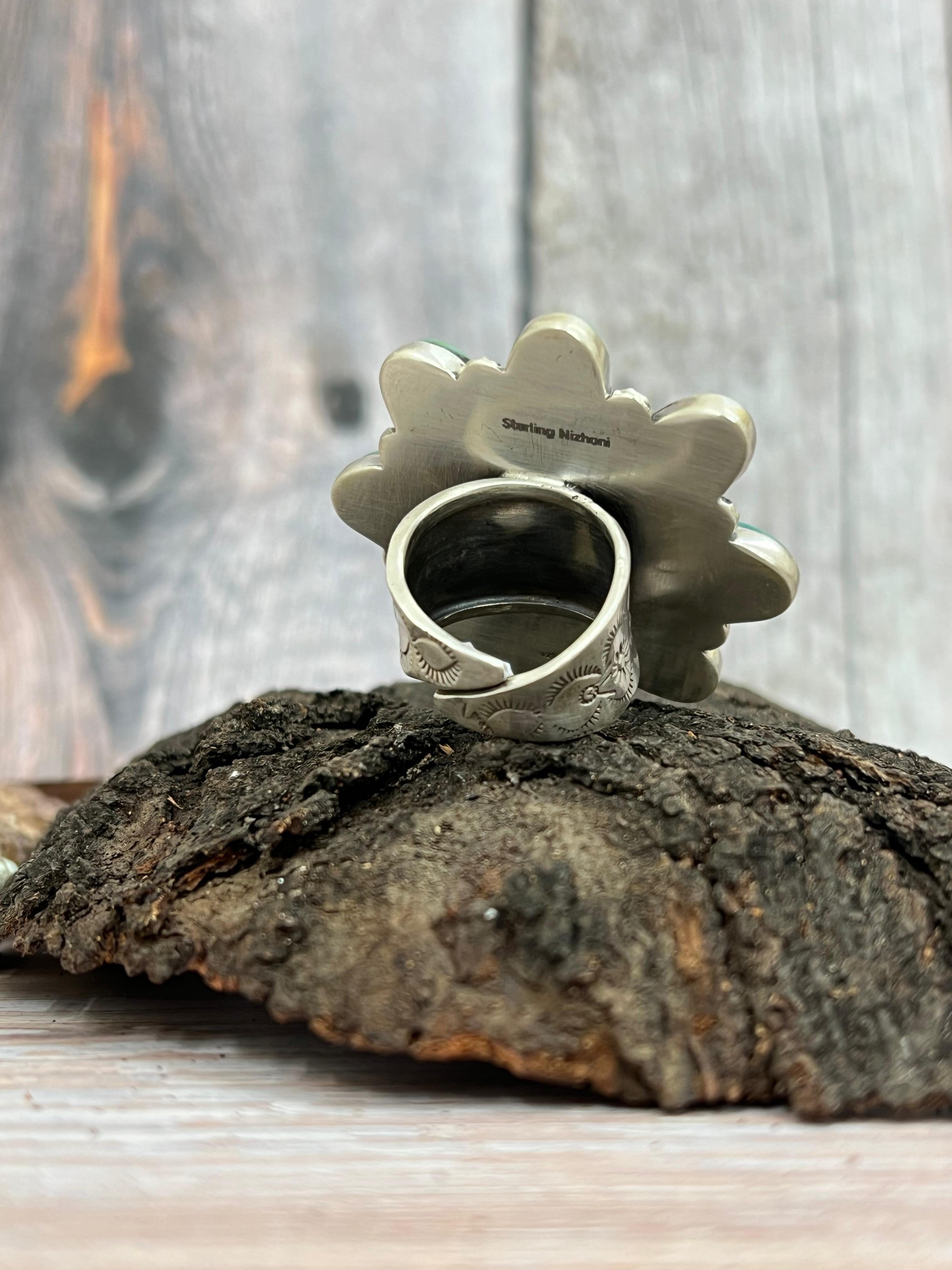 Handmade Sterling Silver Kingman Turquoise Adjustable Ring with Signed Nizhoni