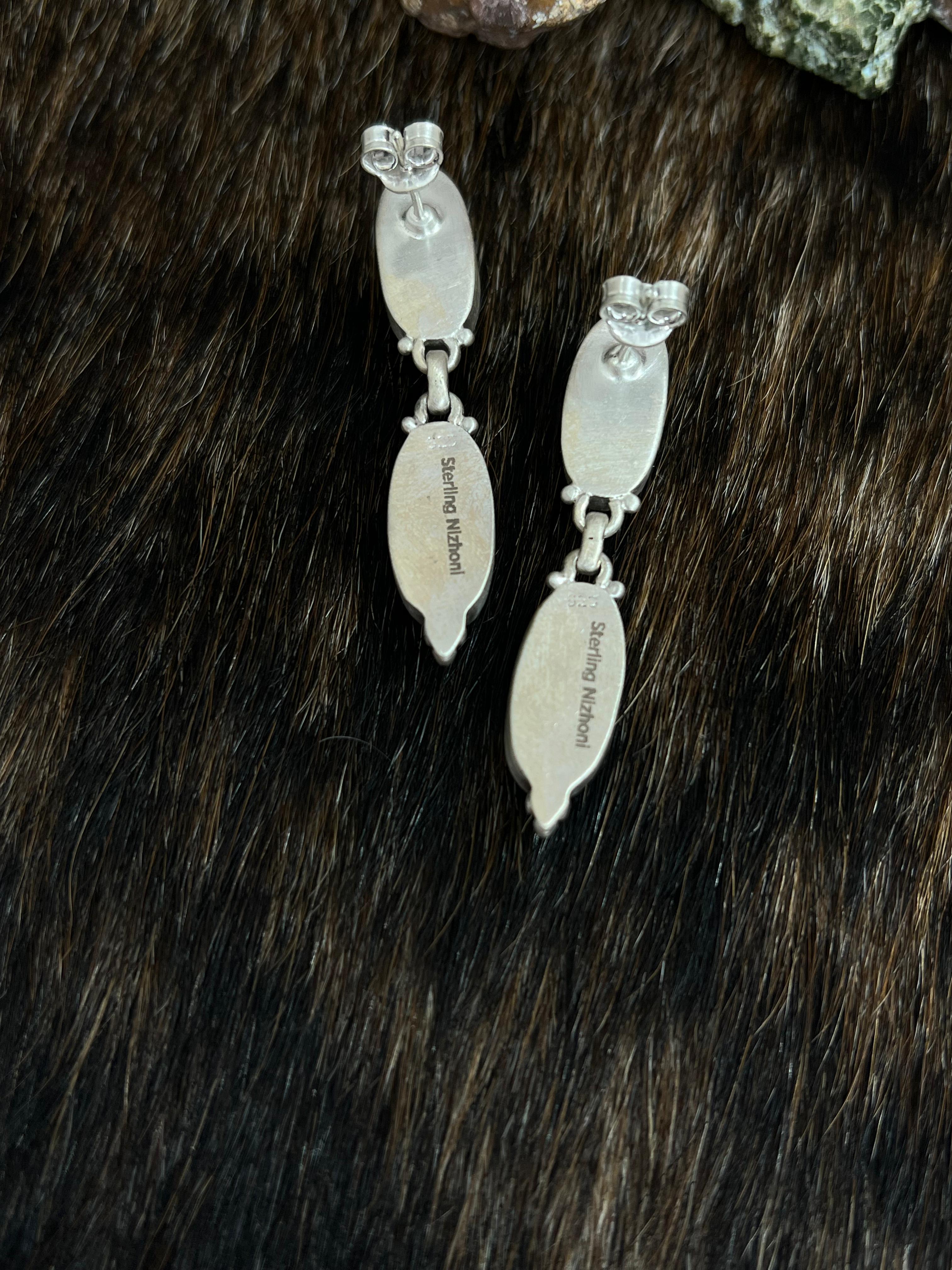 Handmade Sterling Silver Royston Turquoise Dangle Earrings with Signed Nizhoni