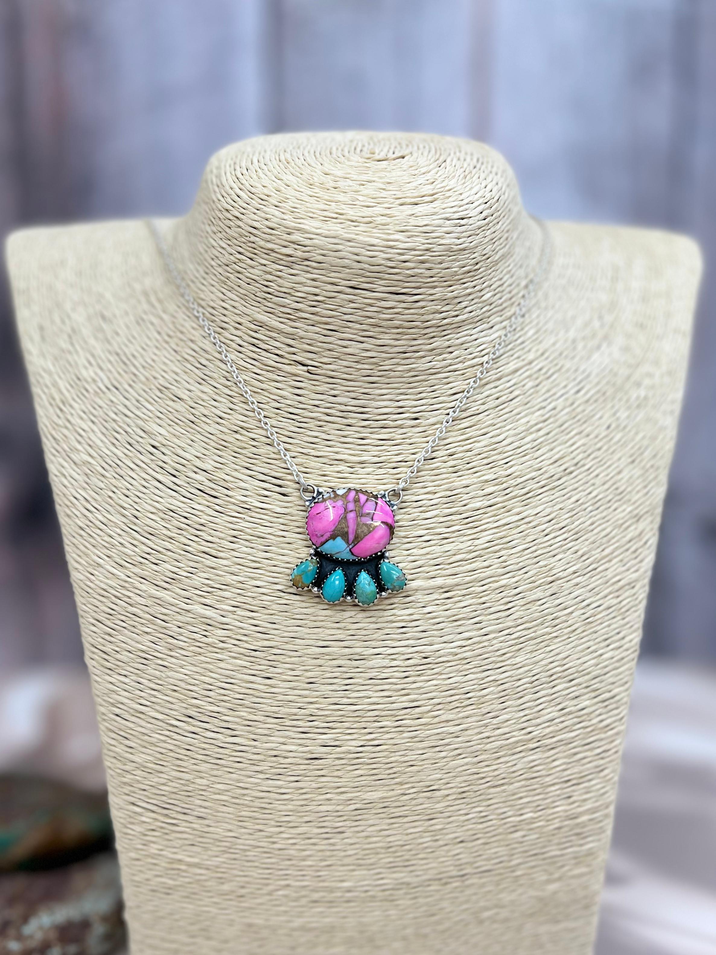 Handmade Sterling Silver Cotton Candy & Kingman Turquoise Necklace Signed Nizhoni