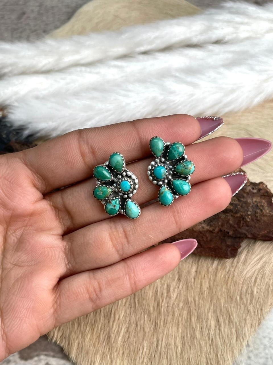 Handmade Sterling Silver Kingman Turquoise Post Studs Earrings "Signed Nizhoni"