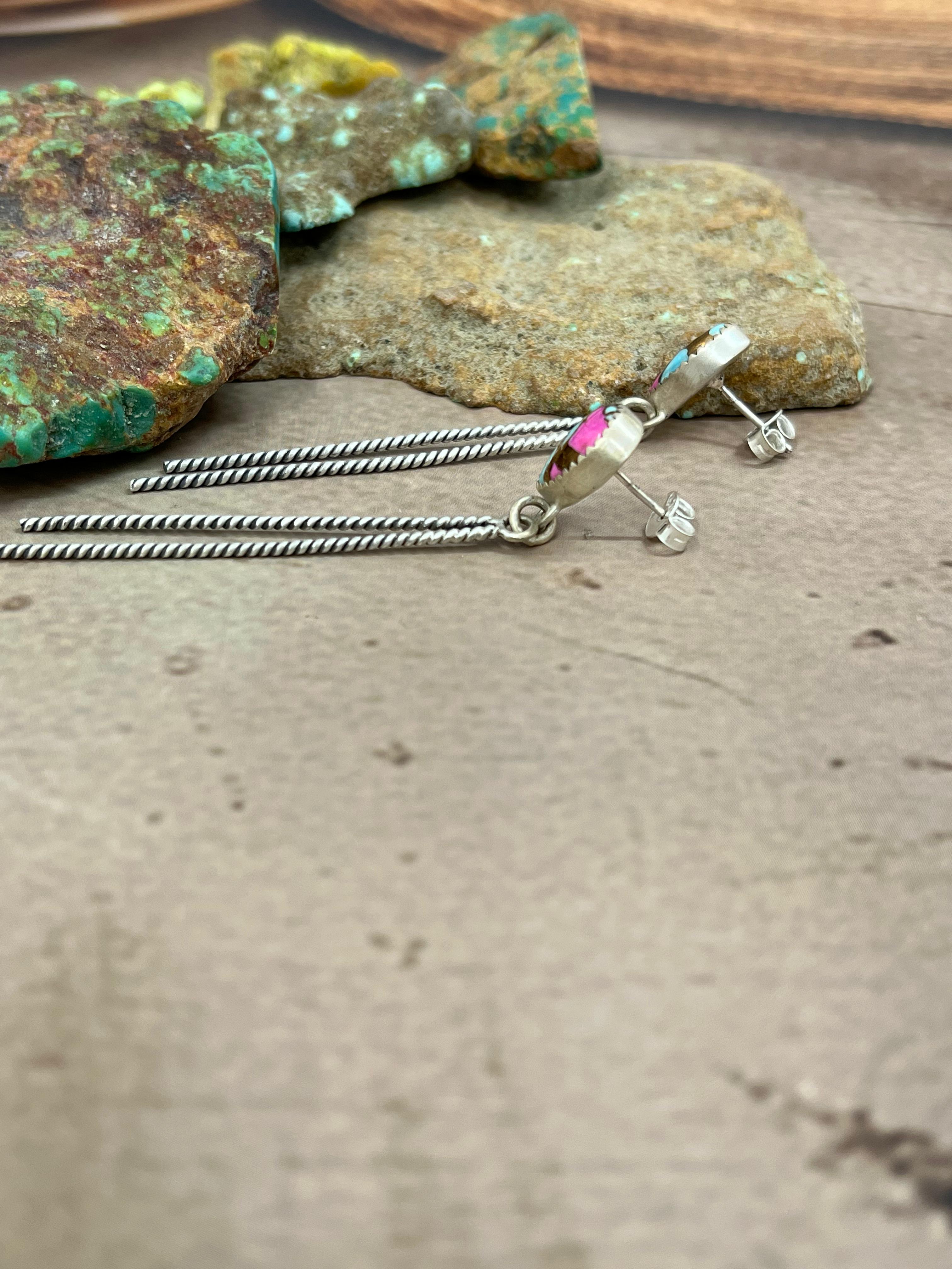 Handmade Sterling Silver Cotton Candy Turquoise Dangle Earrings with Signed Nizhoni