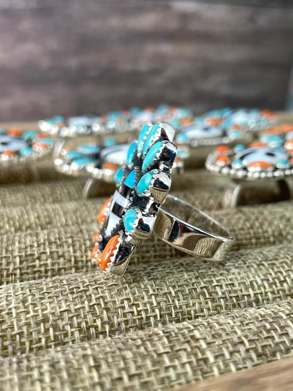 Handmade Sterling Silver Turquoise and MOP adjustable Ring "Signed Nizhoni"