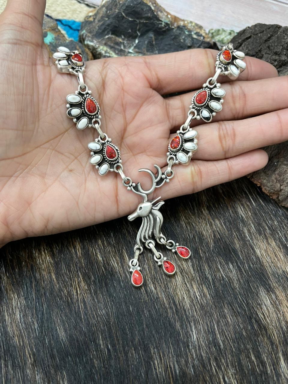 Handmade Sterling Silver White Buffalo with Red Opal Necklace "Signed Nizhoni"