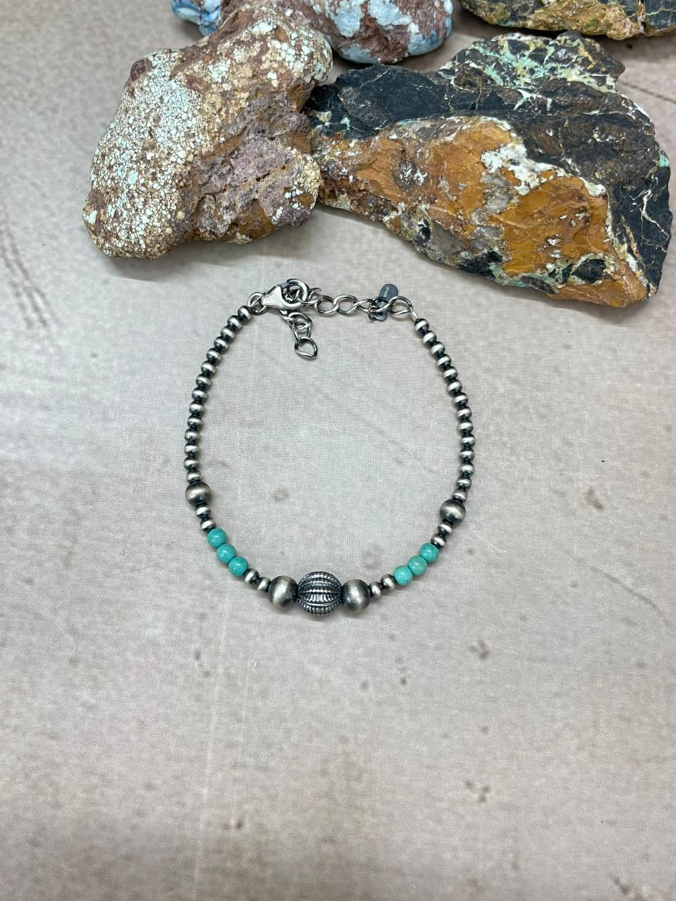 Handmade Sterling Silver Beaded Kingman Turquoise Chain Bracelet "Signed Nizhoni" (7)