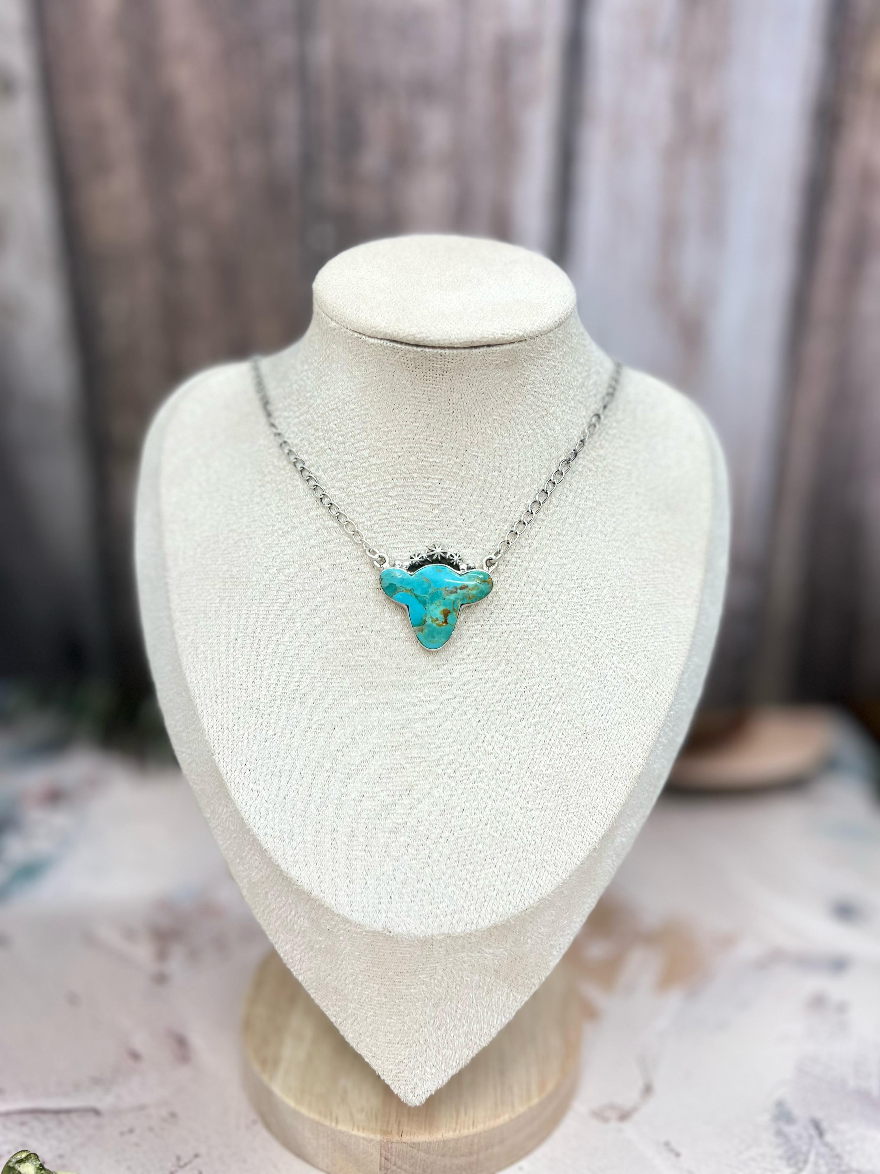 Handmade Sterling Silver Kingman Turquoise Cowhead Necklace with Signed Nizhoni
