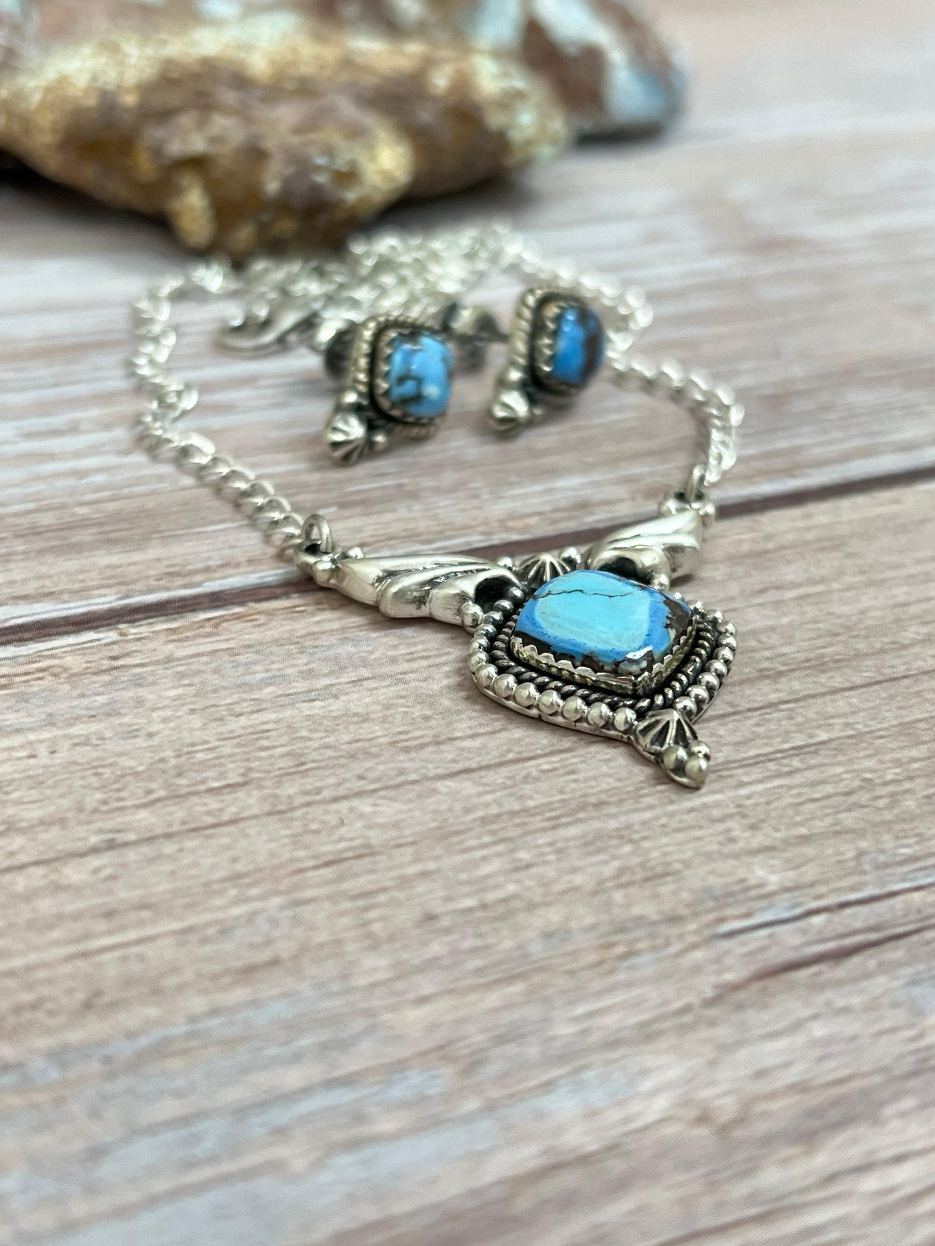 Handmade Sterling Silver Golden Hills Turquoise Necklace Earrings Set with Signed Nizhoni