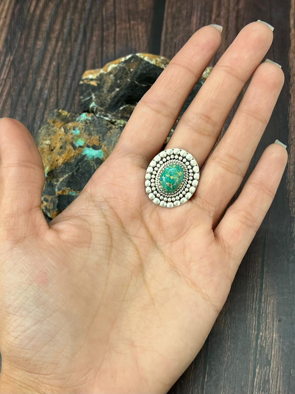 Handmade Sterling Silver Emerald Valley Adjustable Ring "Singed Nizhoni"