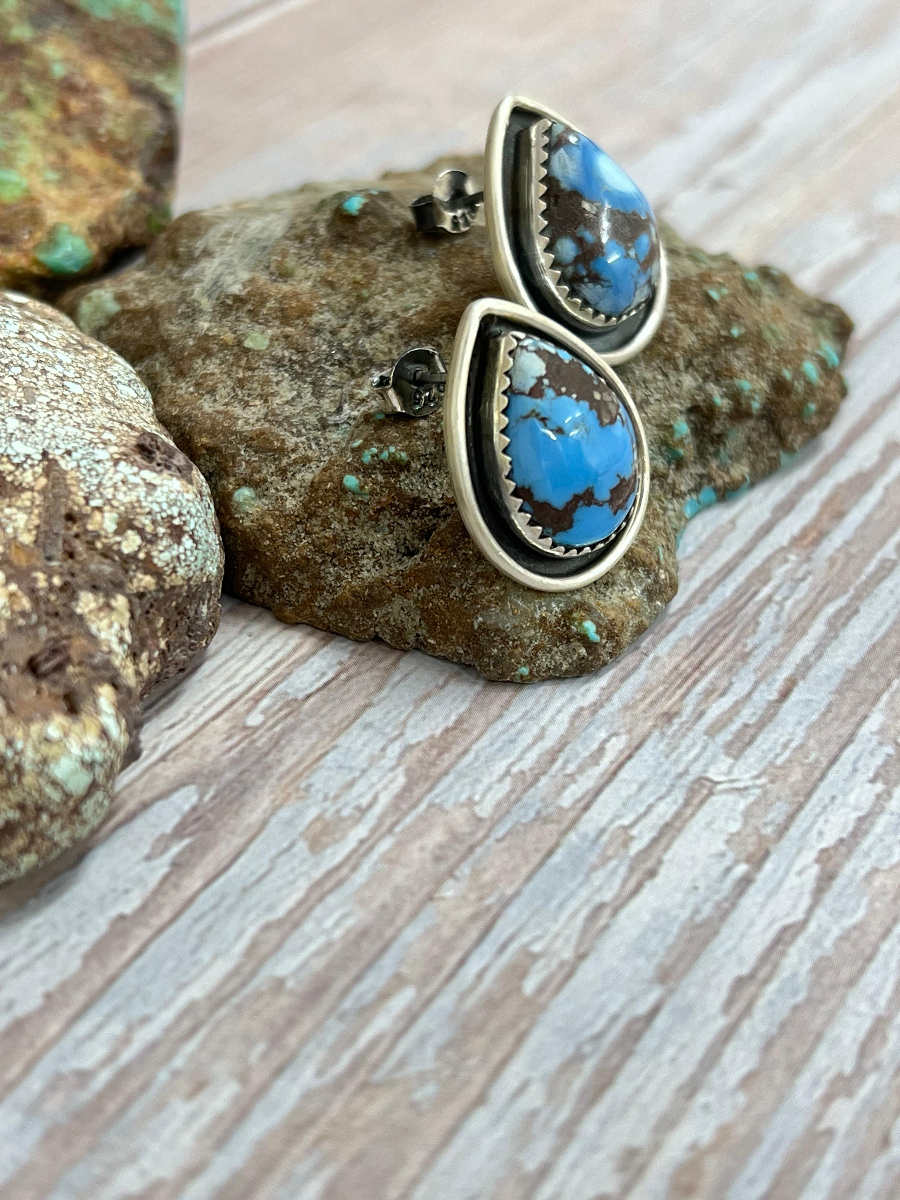 Handmade Sterling Silver Golden Hills Turquoise Post Earrings with Signed Nizhoni