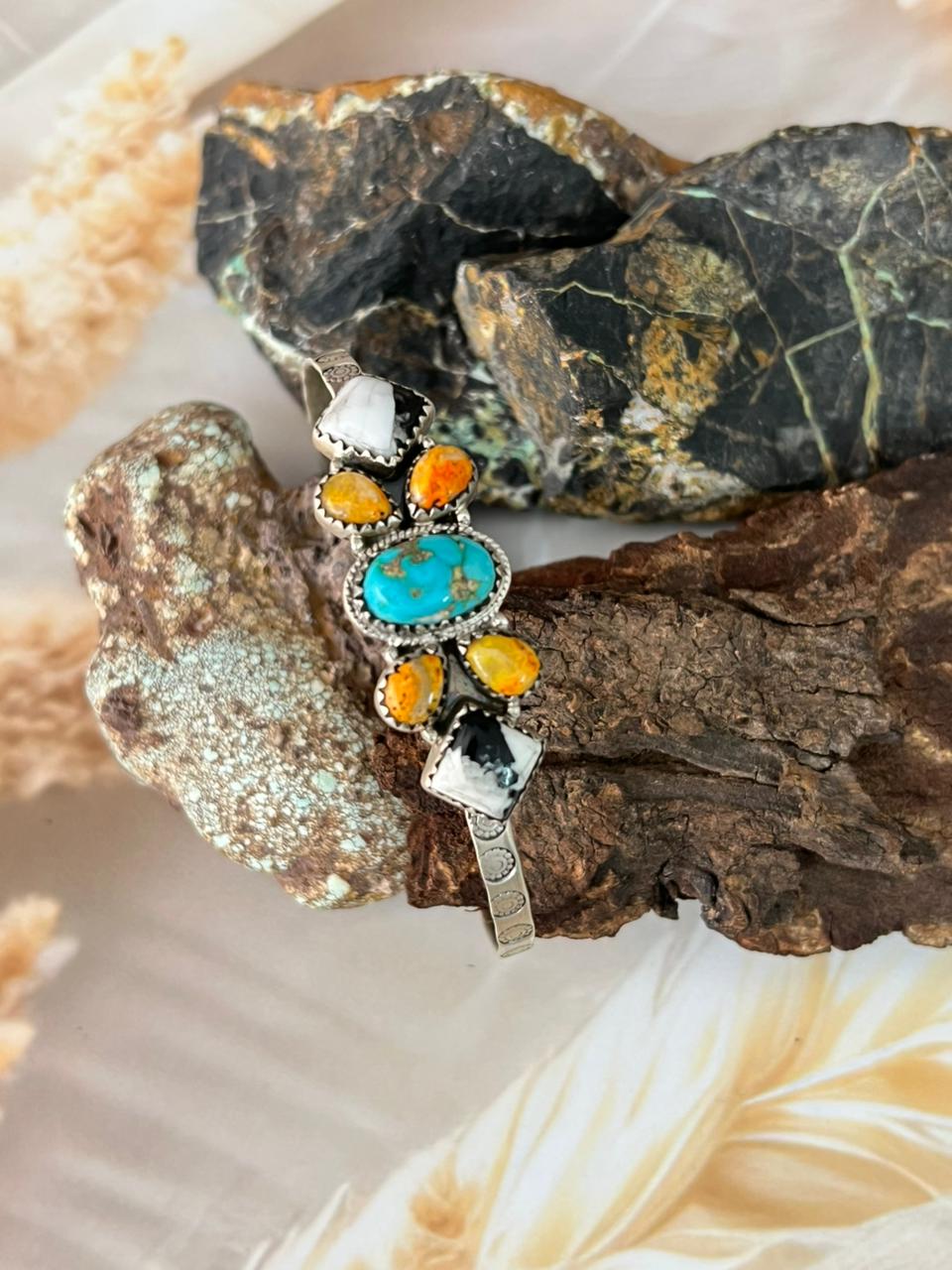 Handmade Sterling Silver Spring Collection: Bumblebee with Sonoran and White Buffalo Bracelet "Signed Nizhoni"