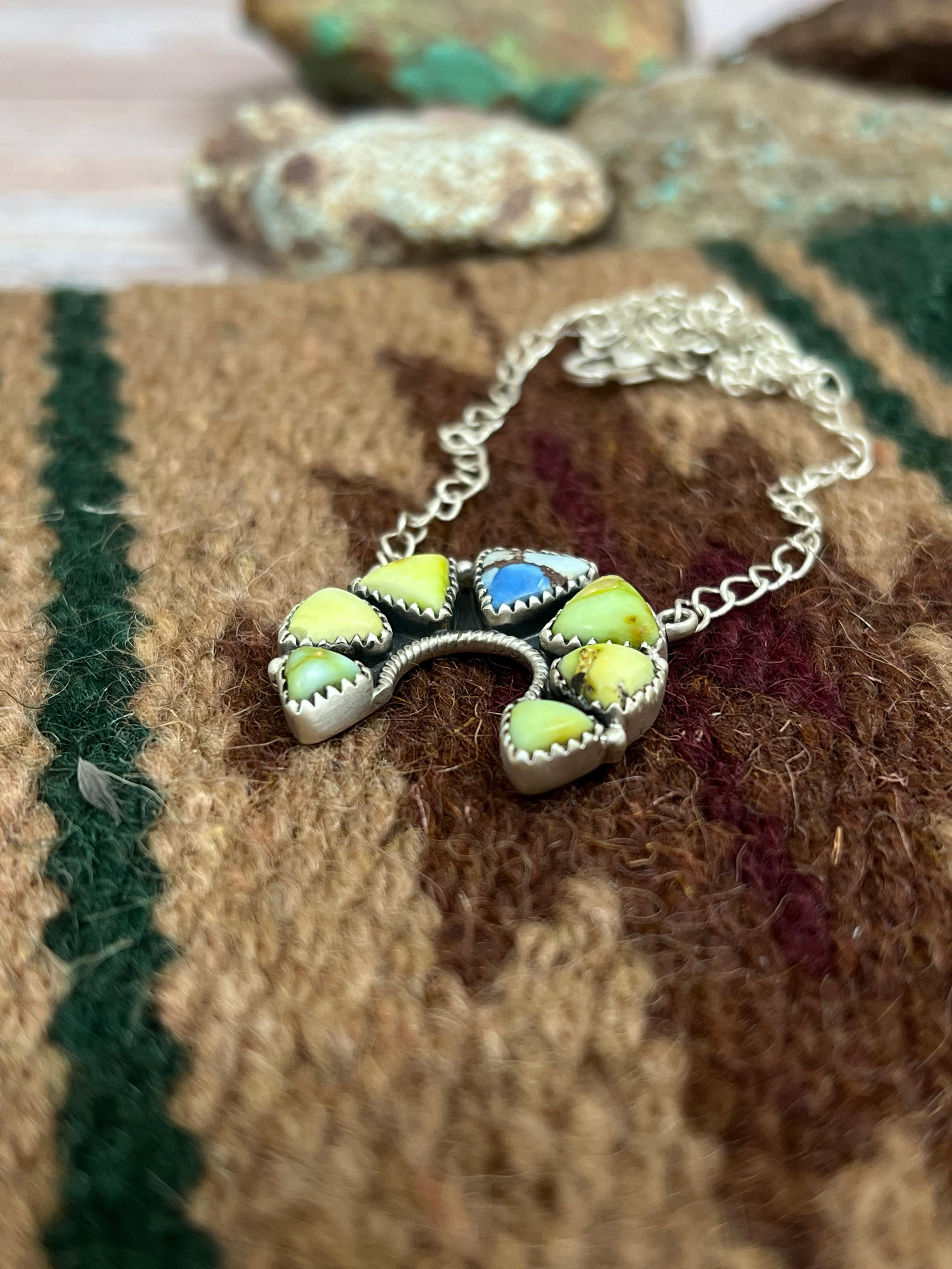 Handmade Sterling Silver Palomino, Golden Hills Turquoise Naja Necklace with Signed Nizhoni