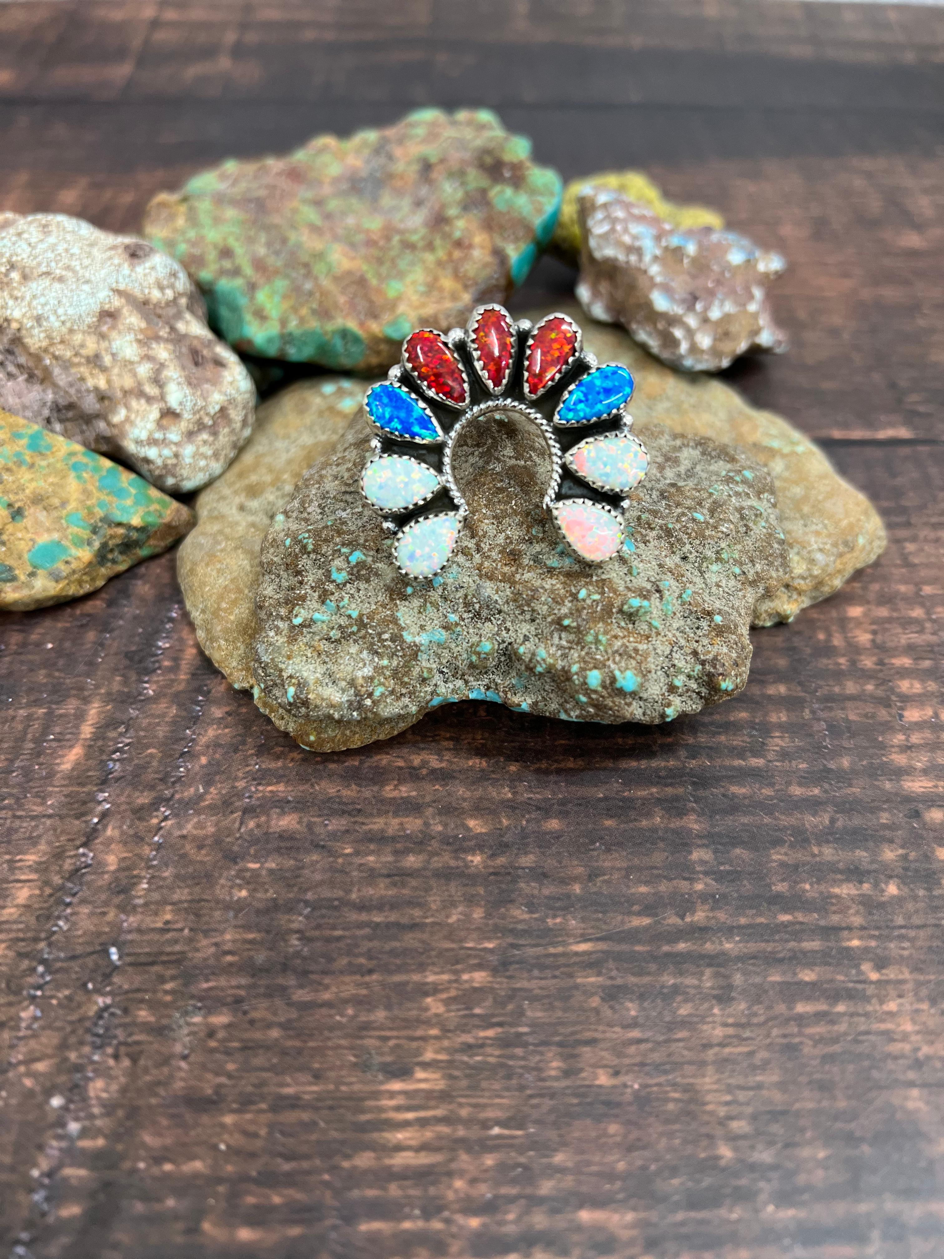 ** 4TH OF JULY ** Handmade Sterling Silver Synthetic Opal Adjustable Ring with Signed Nizhoni