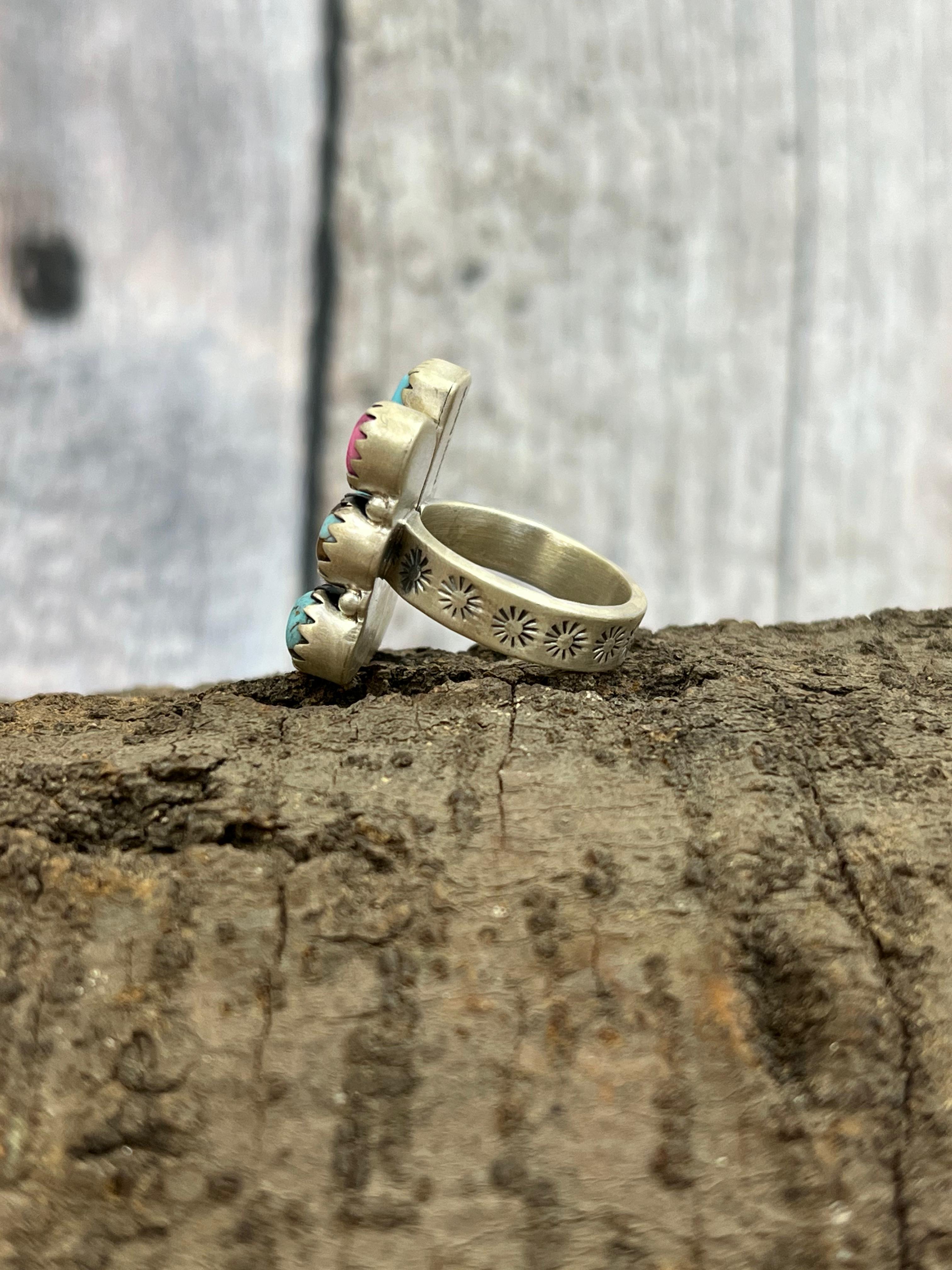 Handmade Sterling Silver Cotton Candy Turquoise Adjustable Rings with Signed Nizhoni