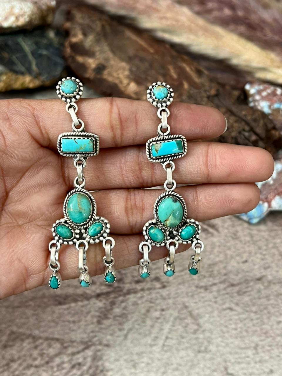 Handmade Sterling Silver Kingman Turquoise Post Dangle Earrings "Signed Nizhoni"