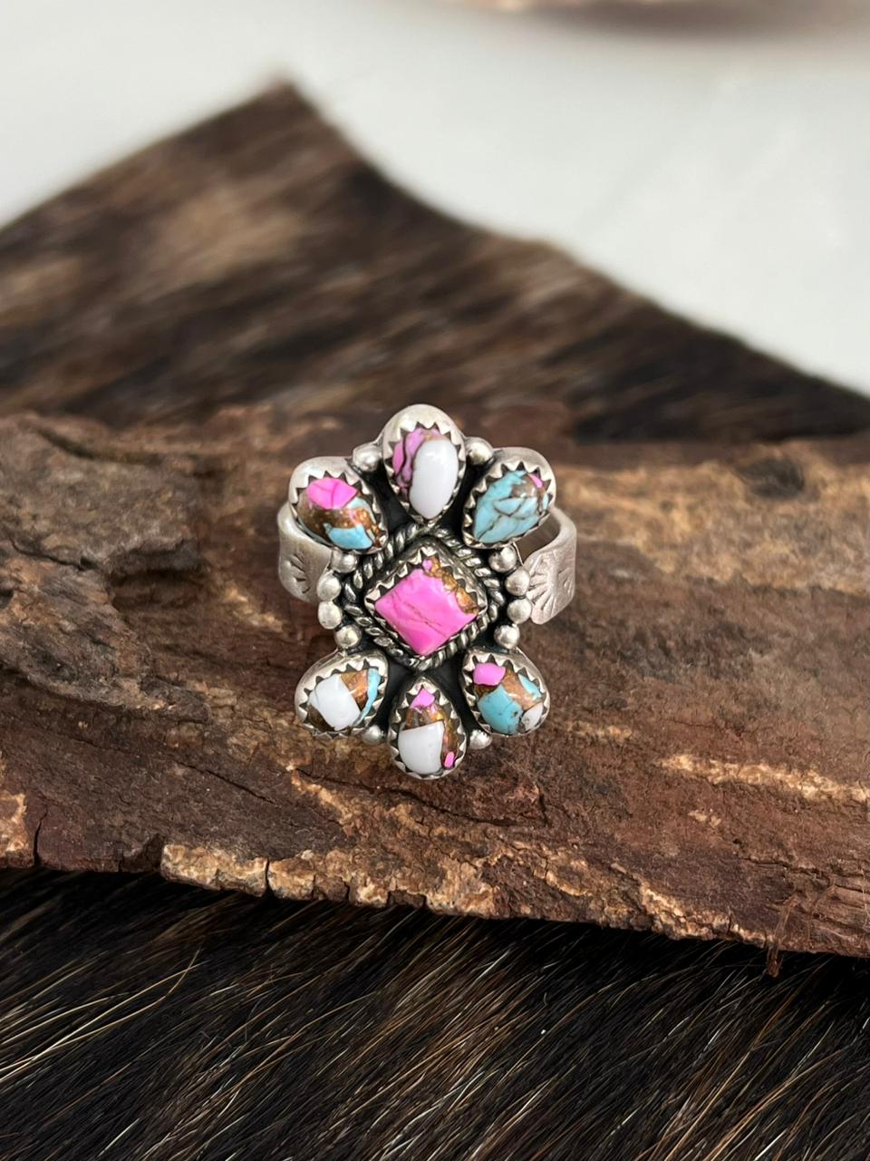 Handmade Sterling Silver Cotton Candy Turquoise Adjustable Ring "Signed Nizhoni"