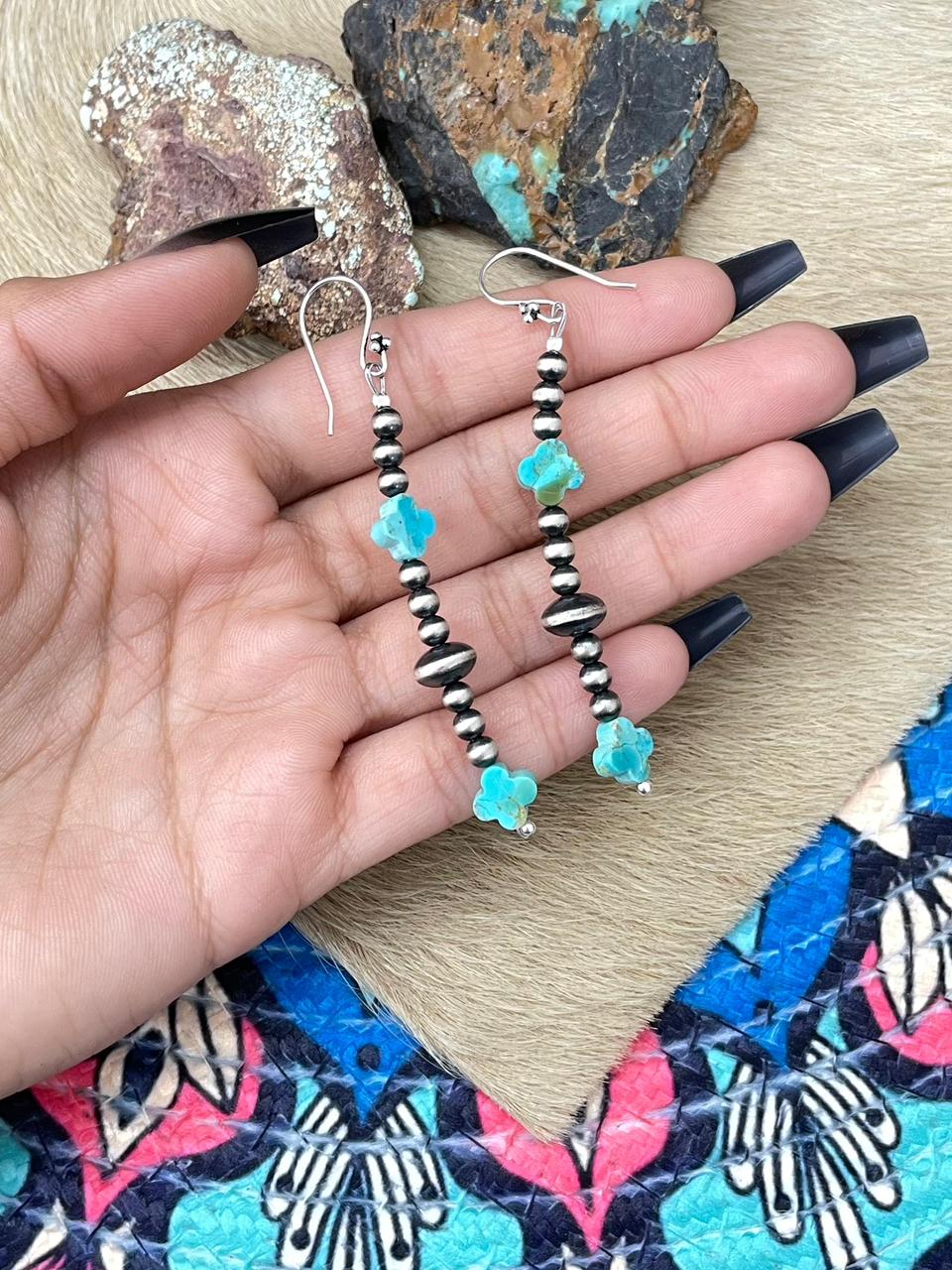 Handmade Sterling Silver Beaded Kingman Turquoise Hook Dangle Earrings